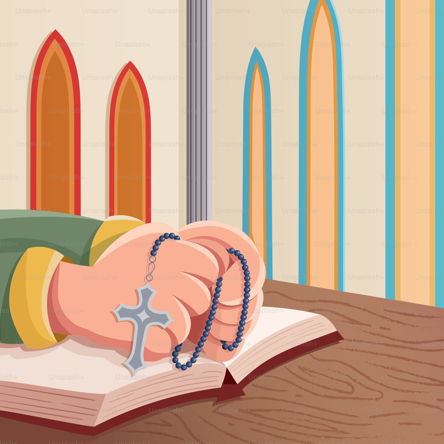 Um personagem de desenho animado deitado em um livro com uma cruz