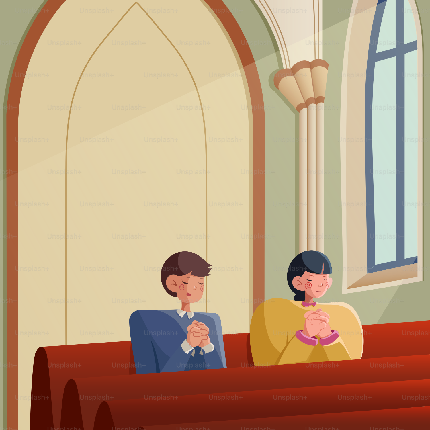 A man and woman sitting at a table in a church