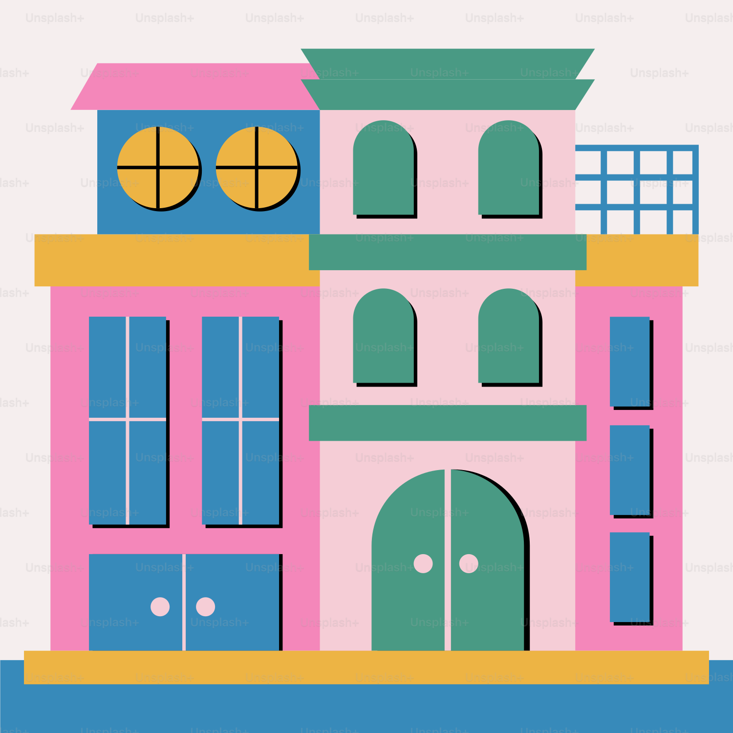 Ein rosa-blaues Gebäude mit einer Uhr darauf