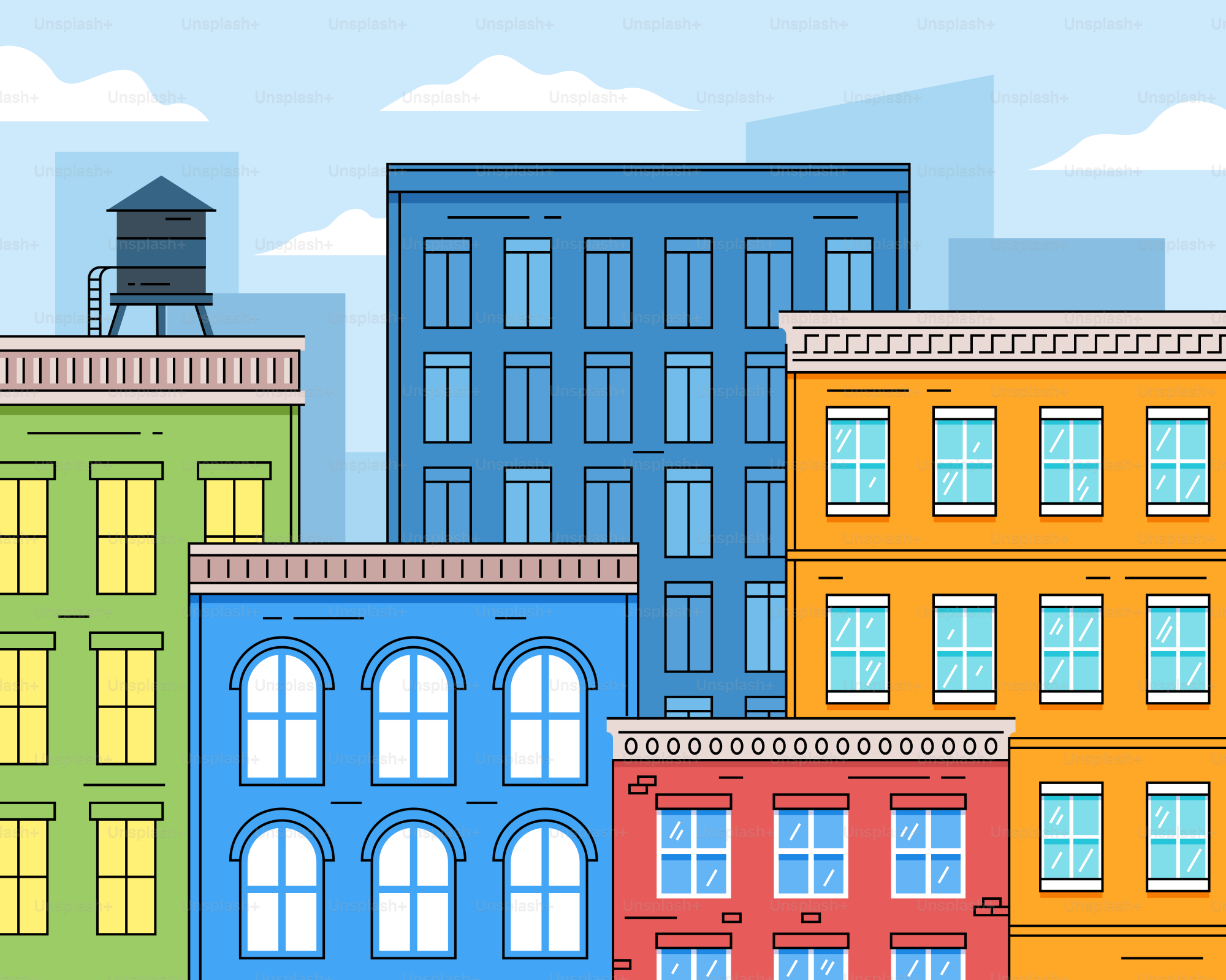 A group of buildings with a sky background