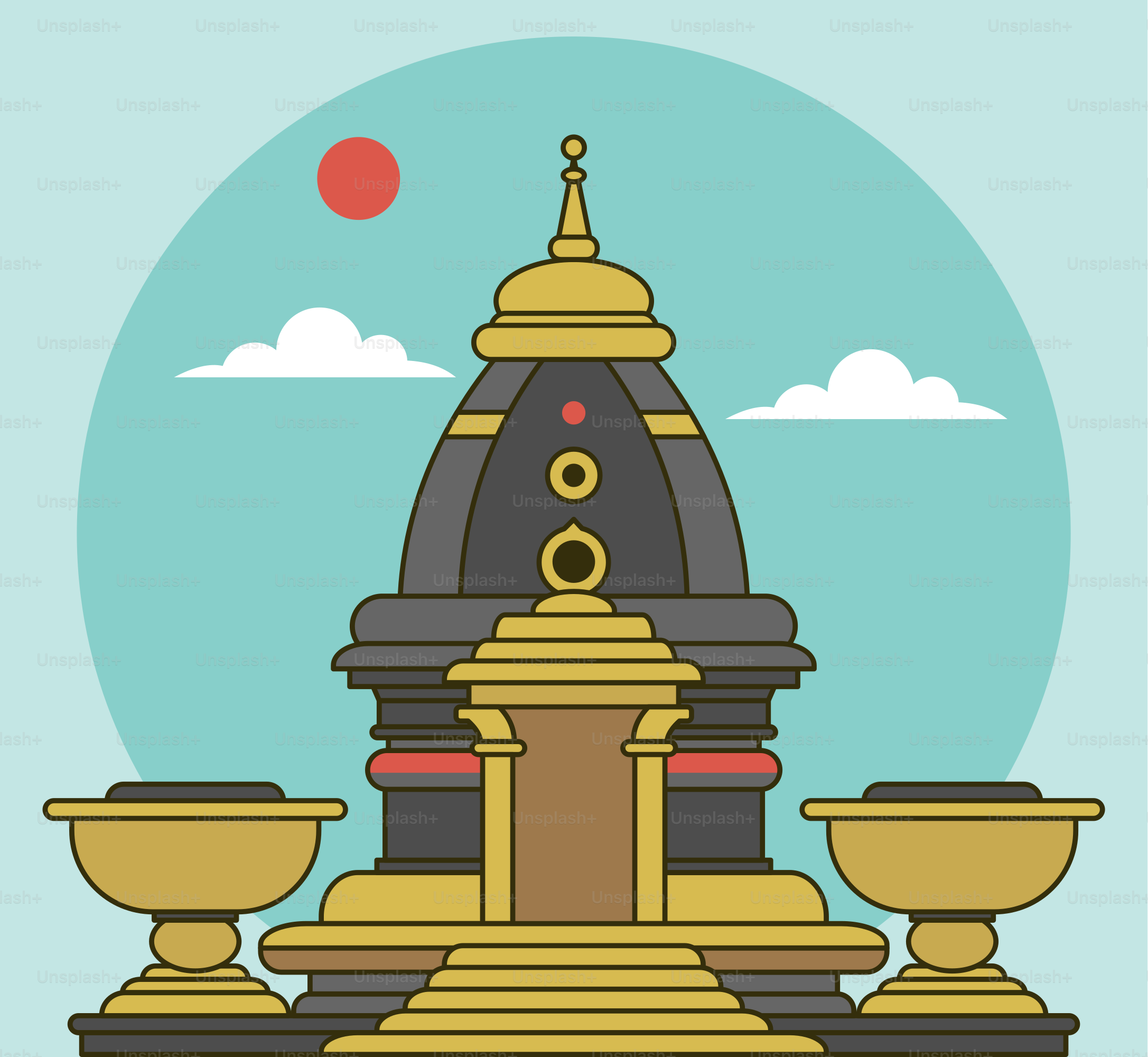 A cartoon of a fountain with a sky in the background