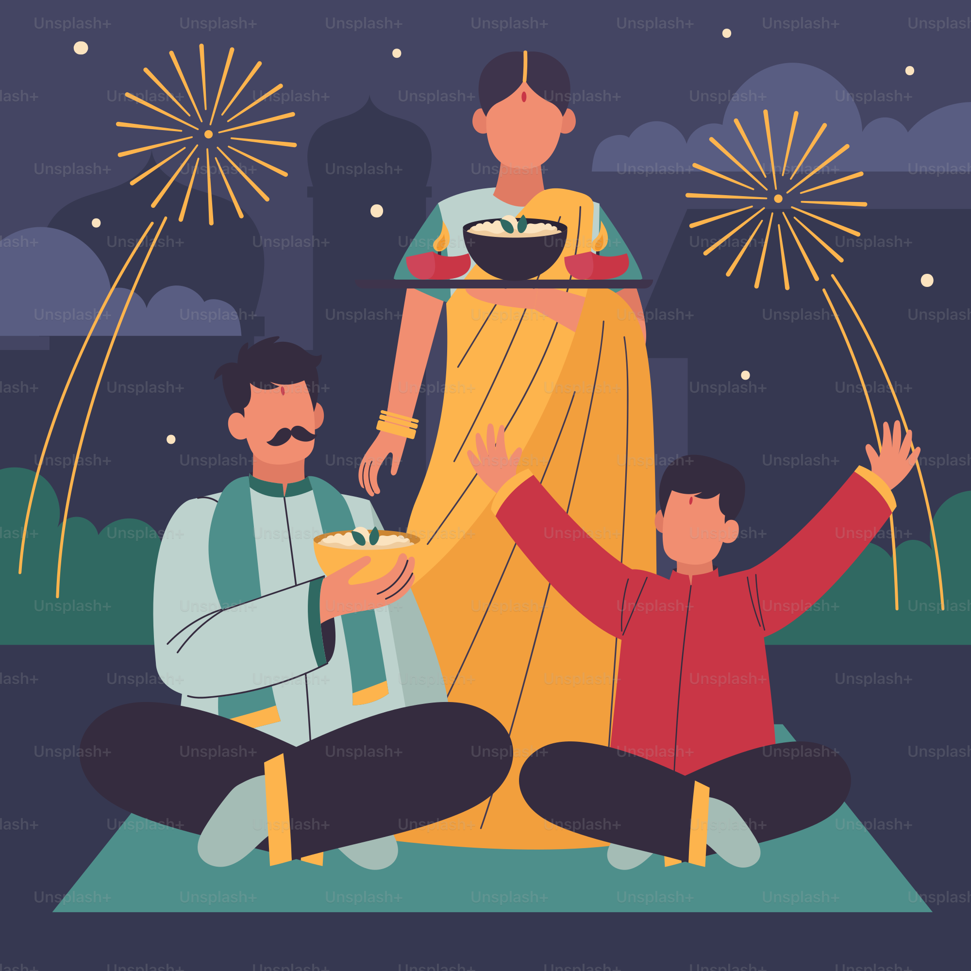 A group of people sitting on the ground with fireworks in the background