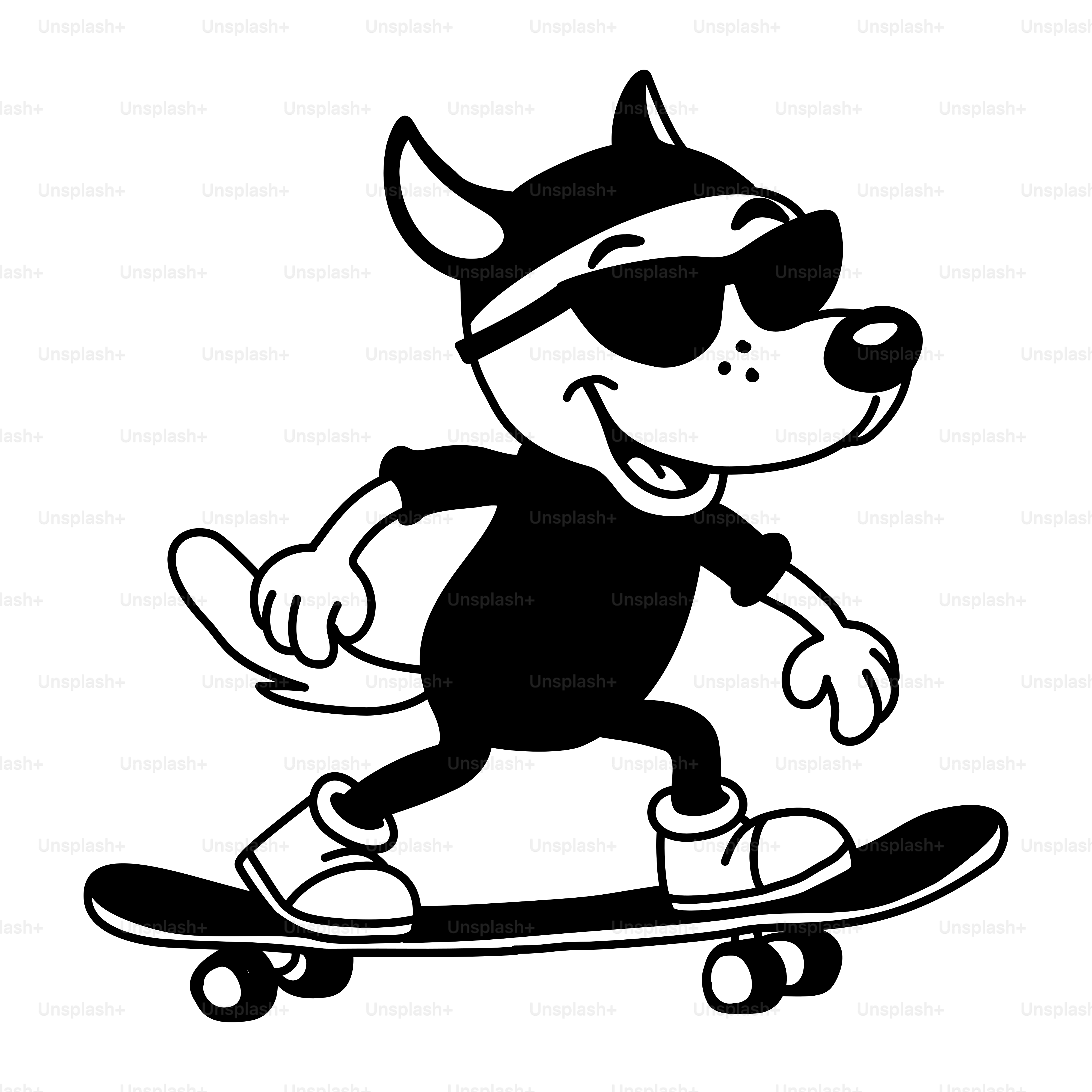 A black and white drawing of a dog on a skateboard