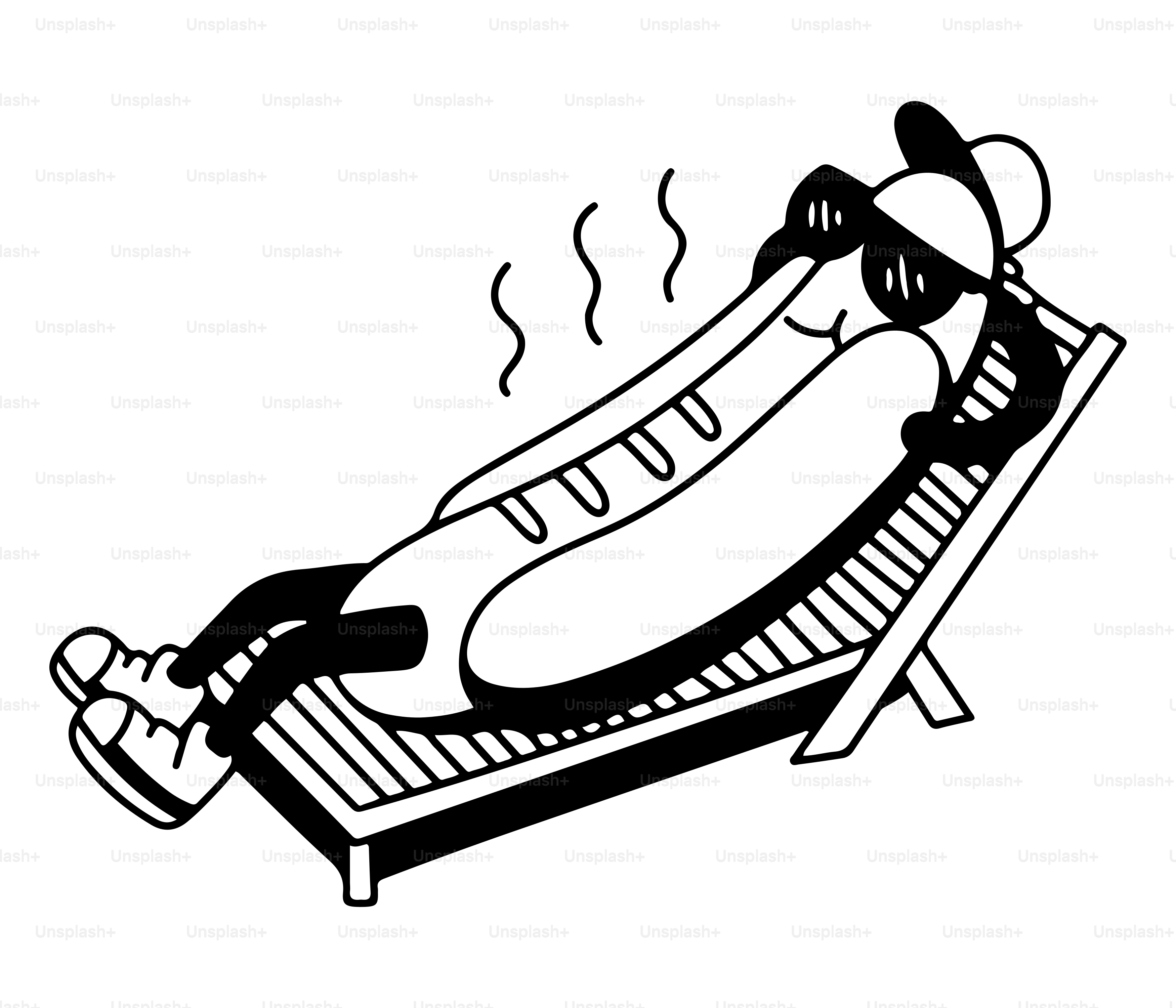 A drawing of a hot dog laying on a lounge chair