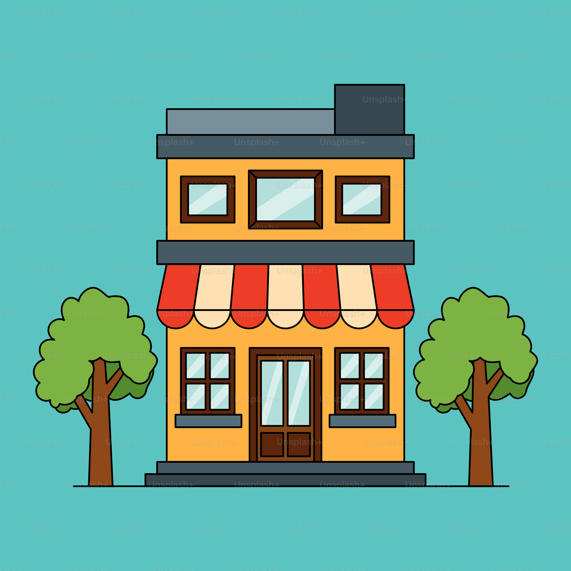 A building with a red awning and trees in front of it