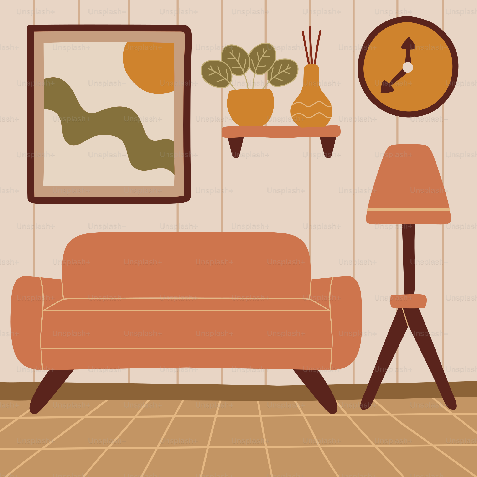 Un salón con un sofá, una lámpara y cuadros en la pared