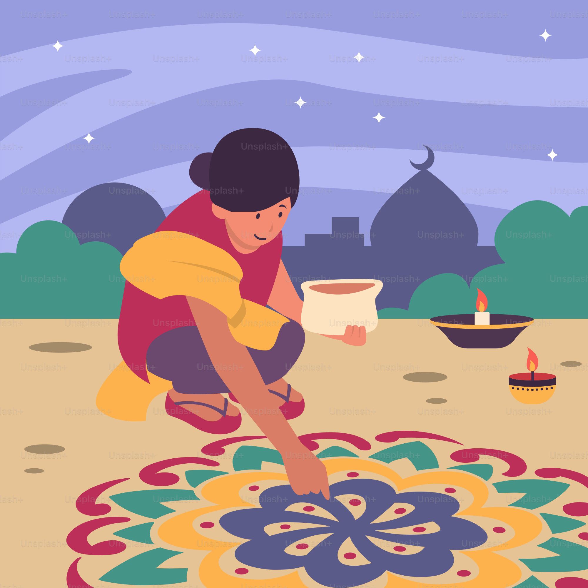 A woman kneeling down on a colorful rug