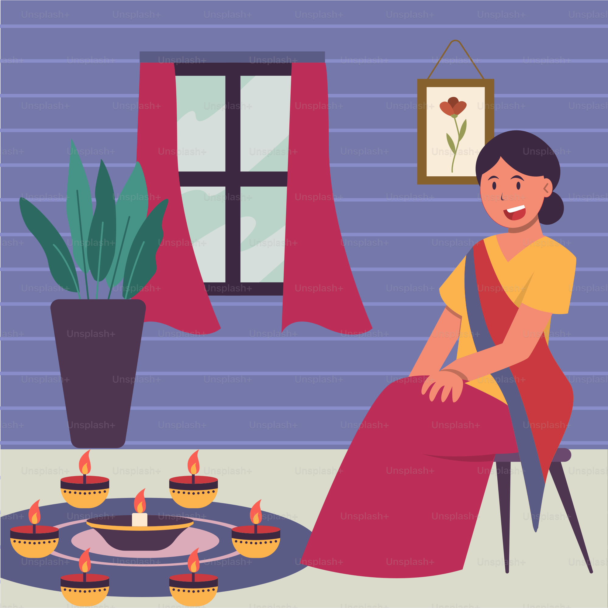 A woman sitting on a chair in front of a potted plant