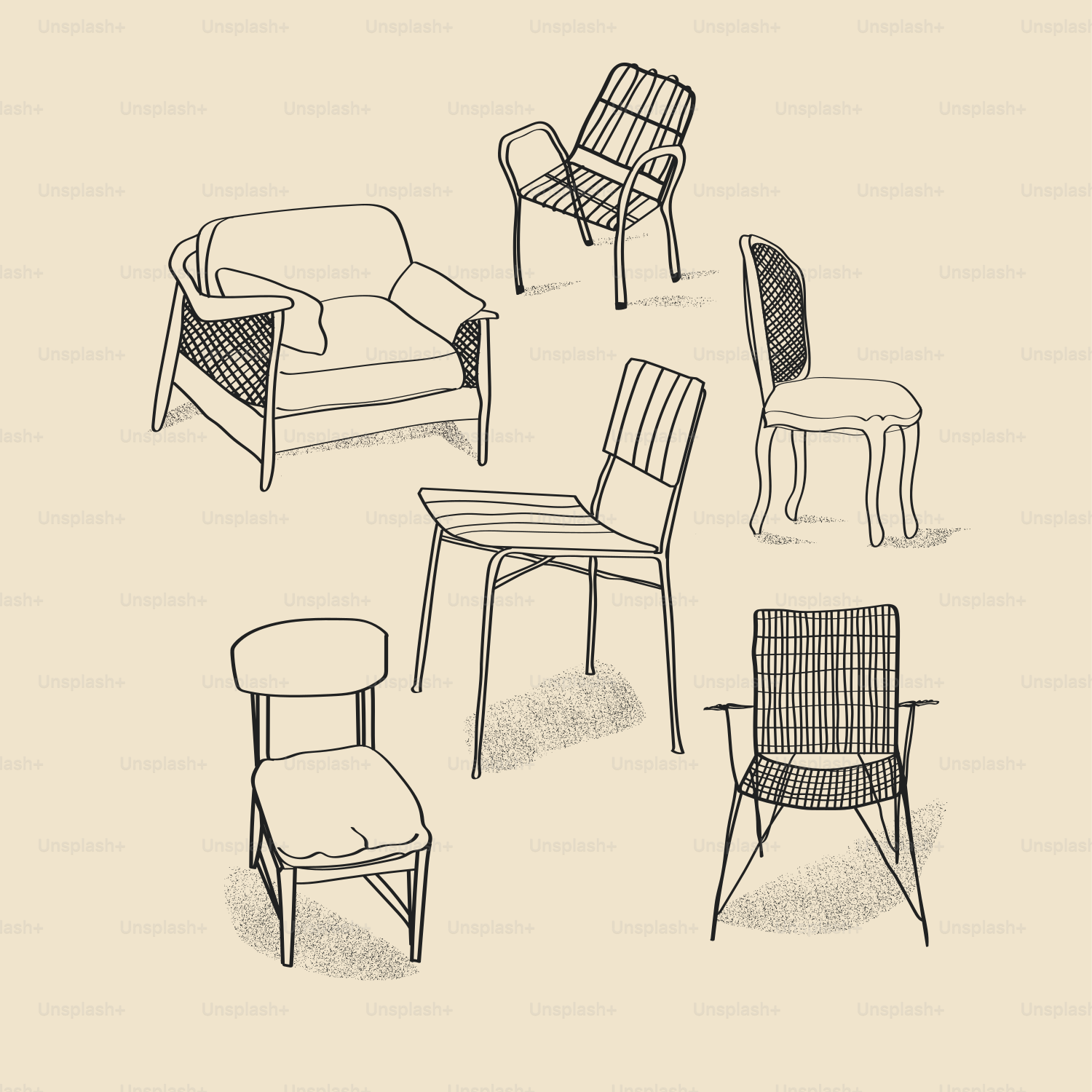 Eine Zeichnung eines Sets von sechs Stühlen