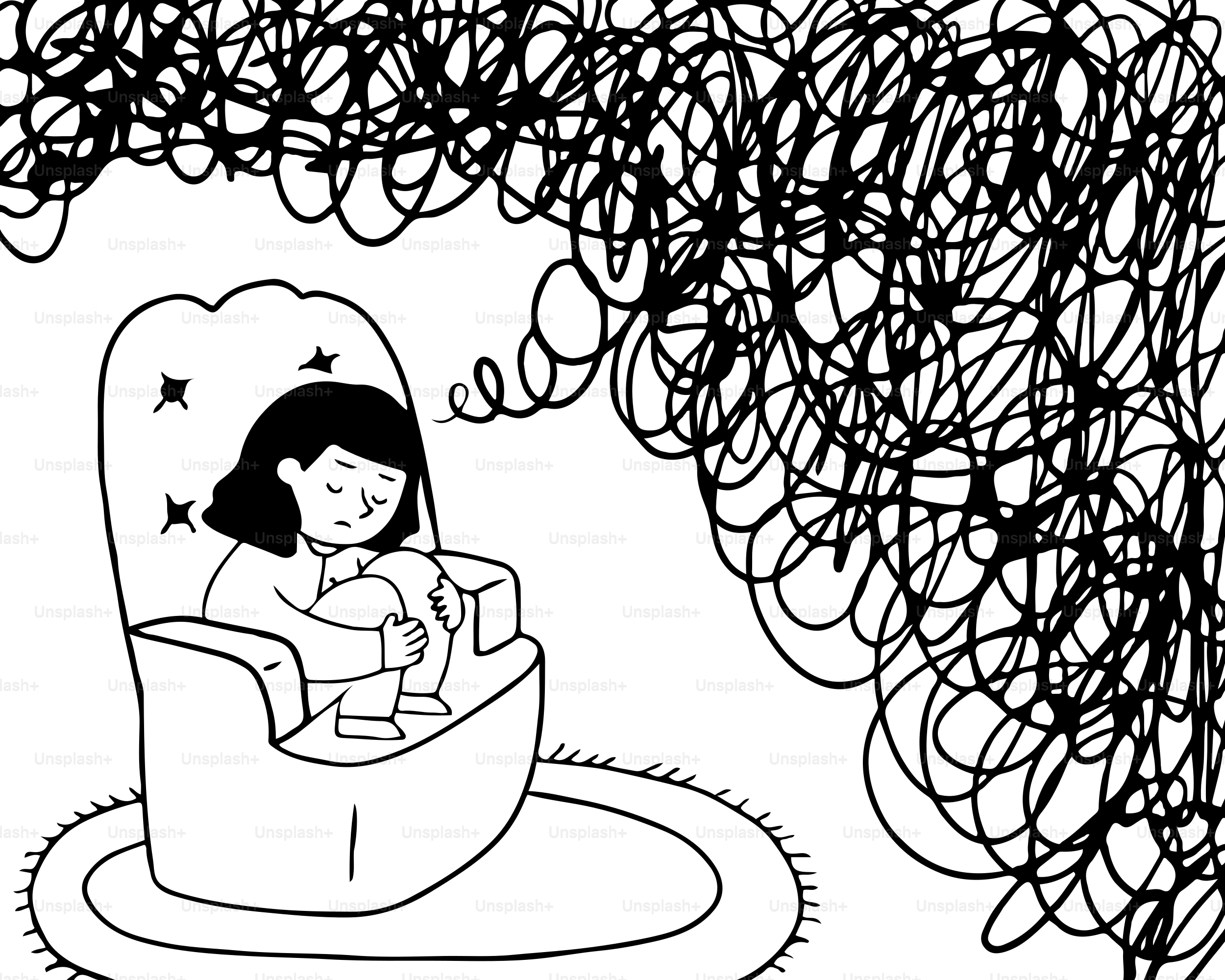 Eine Zeichnung einer Frau, die auf einem Stuhl sitzt