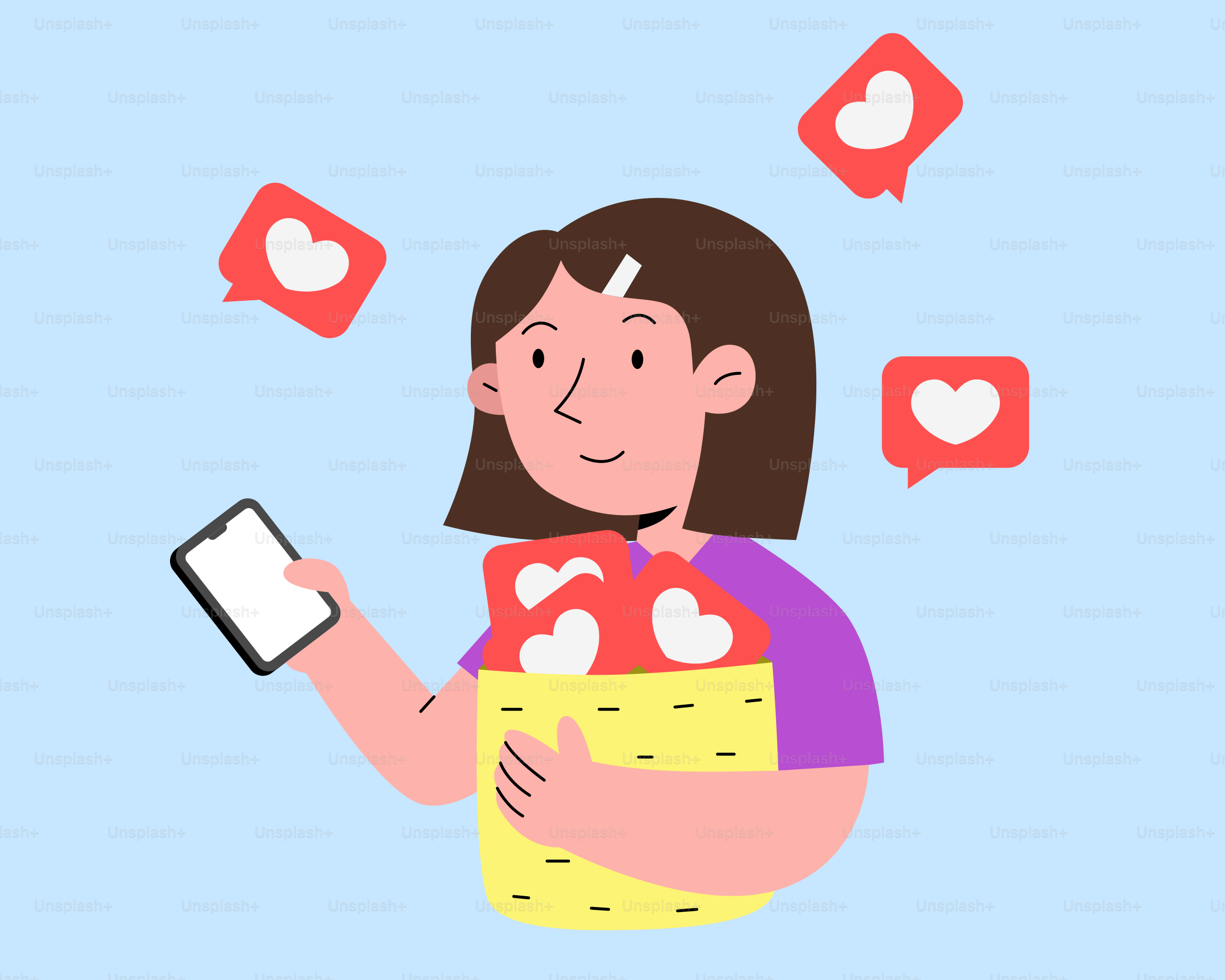 A woman holding a tablet with hearts floating around her