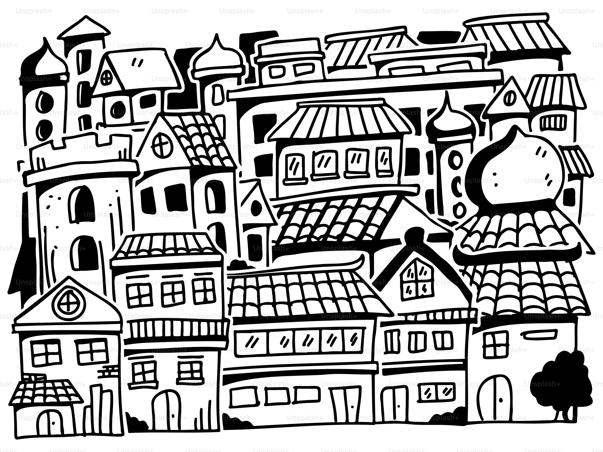 A black and white drawing of a city