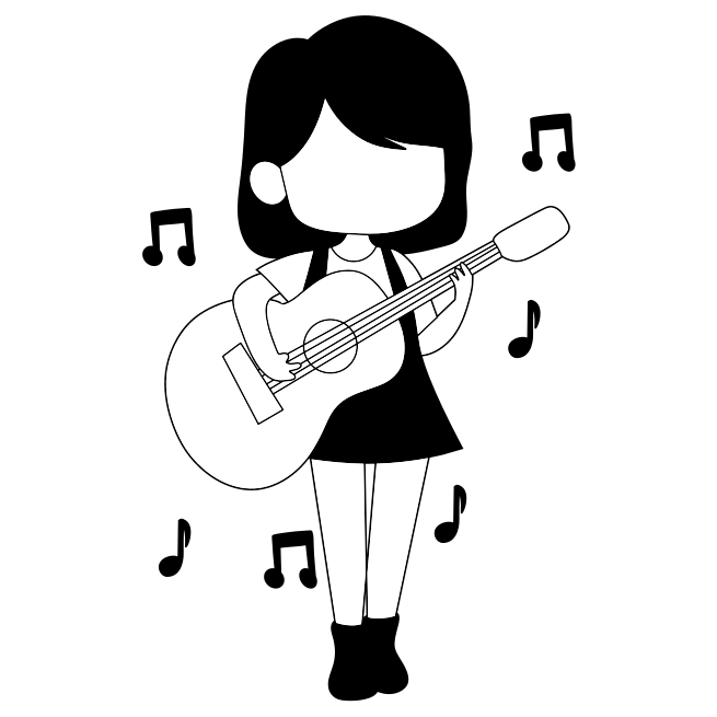 Una chica con una guitarra y notas musicales