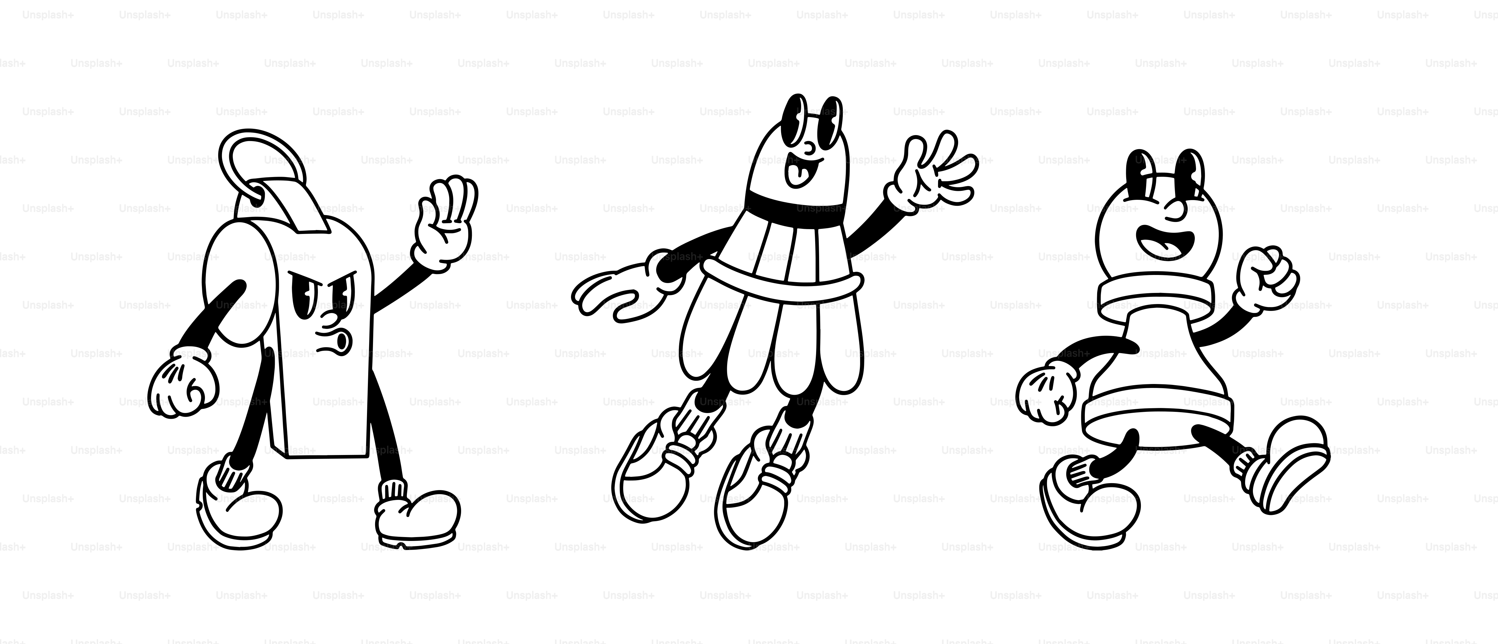 Three cartoon characters are shown in black and white