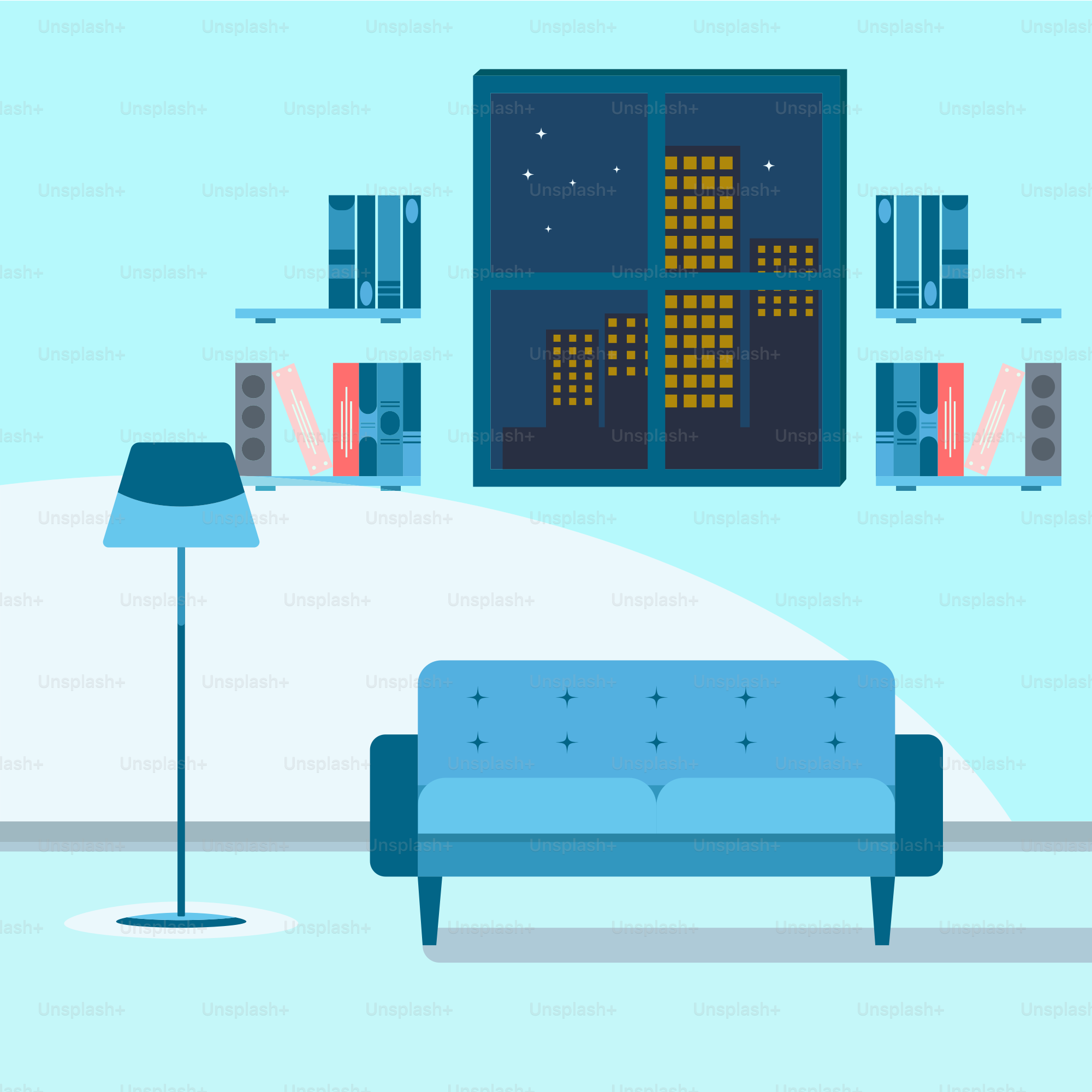 A living room with a couch and a lamp