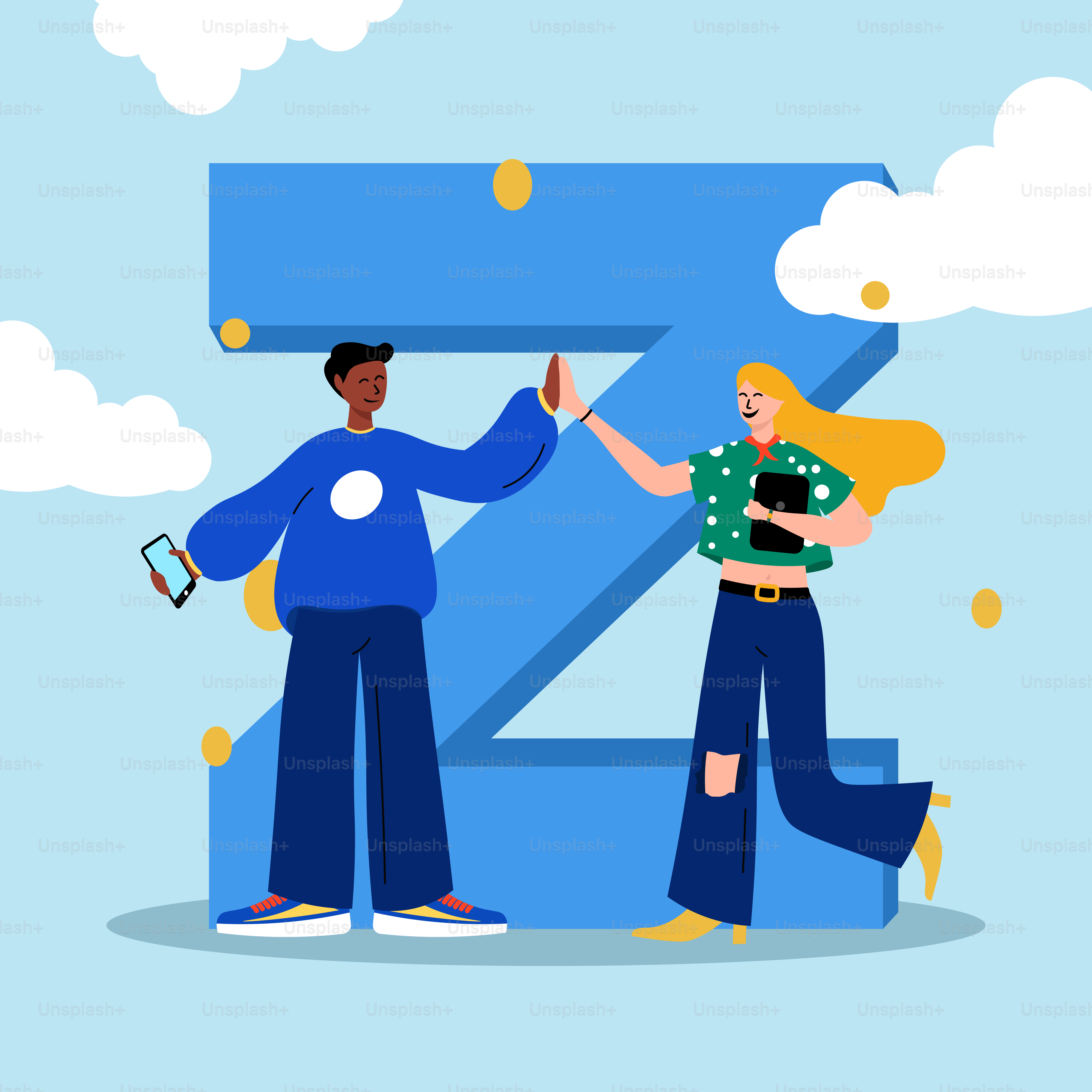 A couple of people standing next to a giant number