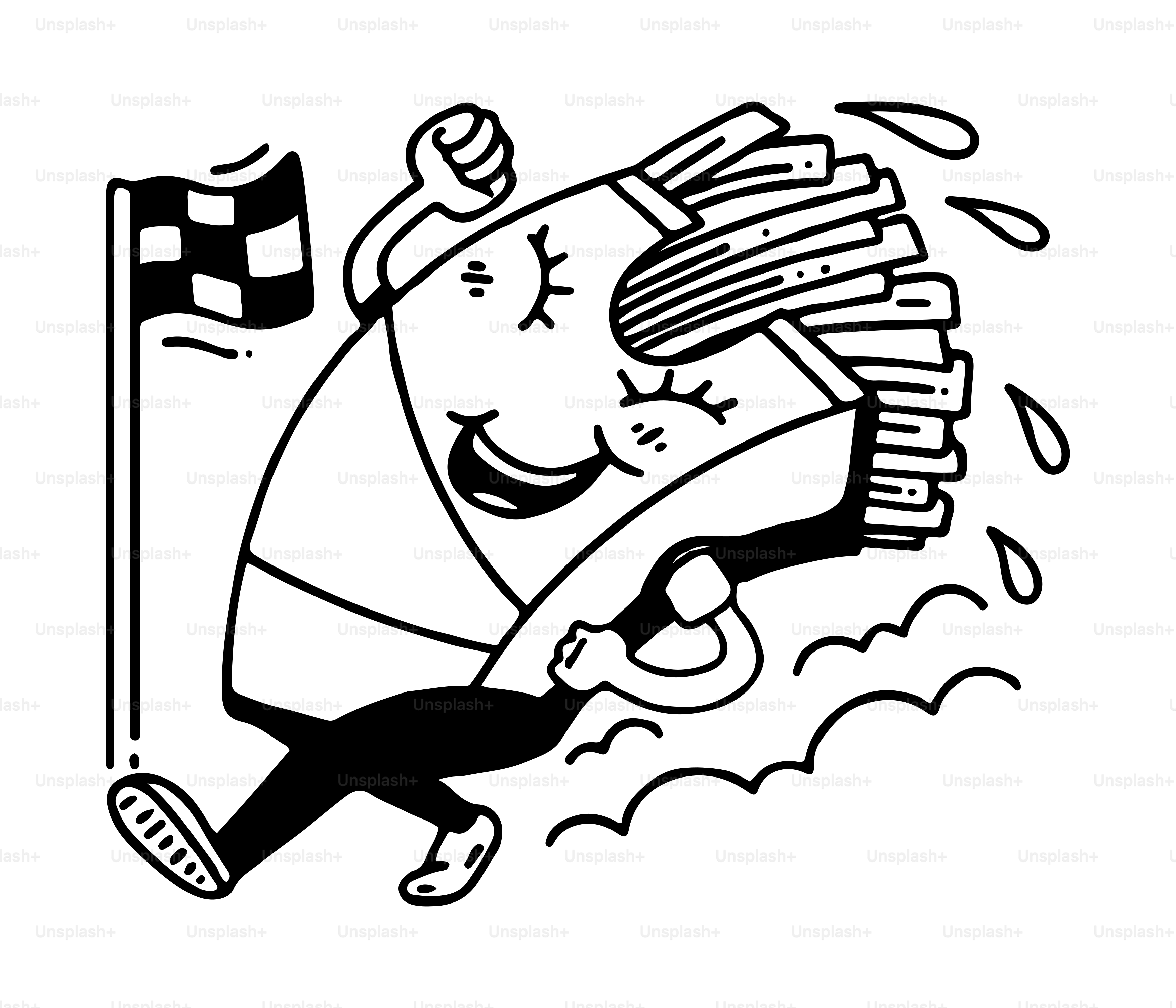 A cartoon character flying through the air with a flag