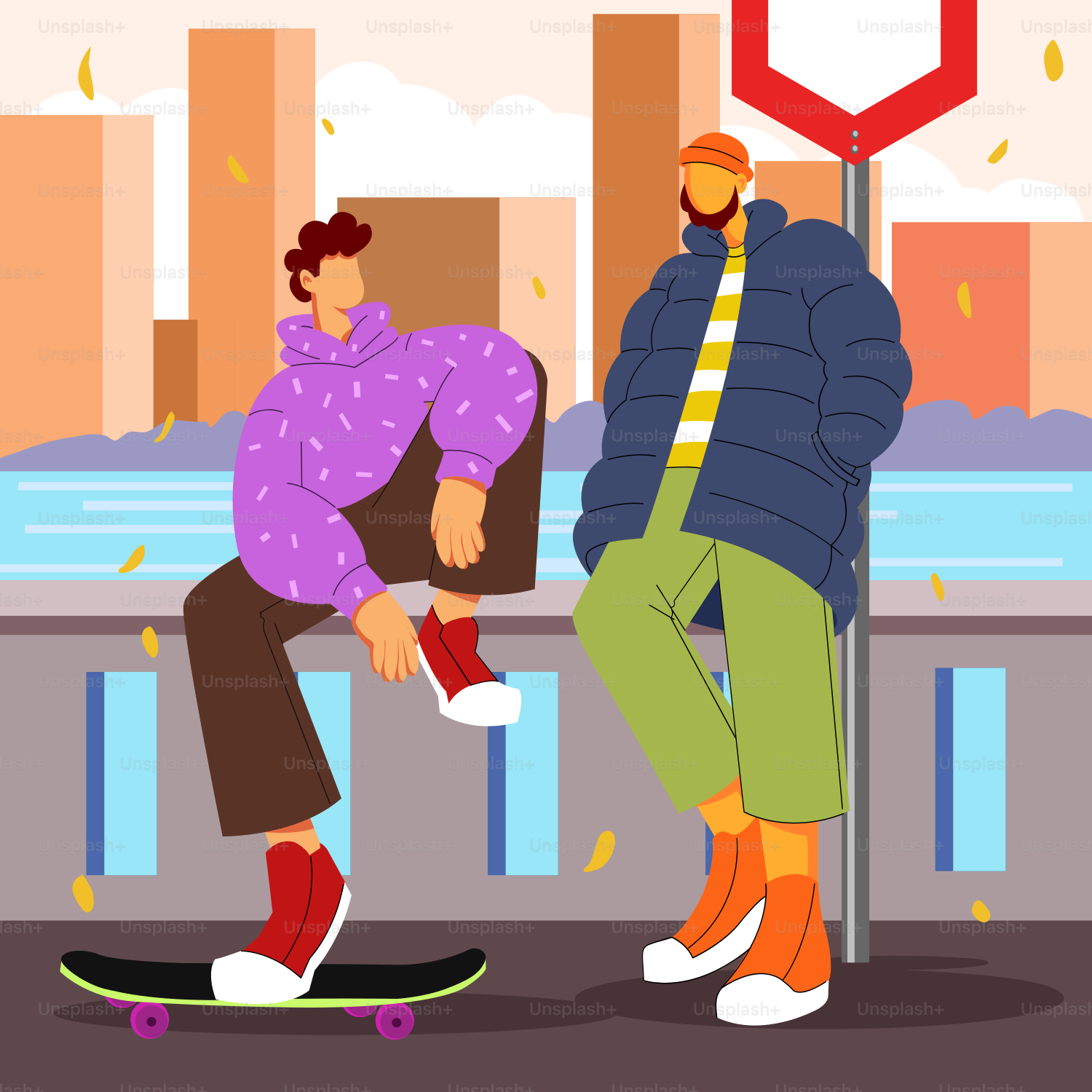 Ein Mann, der auf einer Stange neben einem anderen Mann auf einem Skateboard sitzt