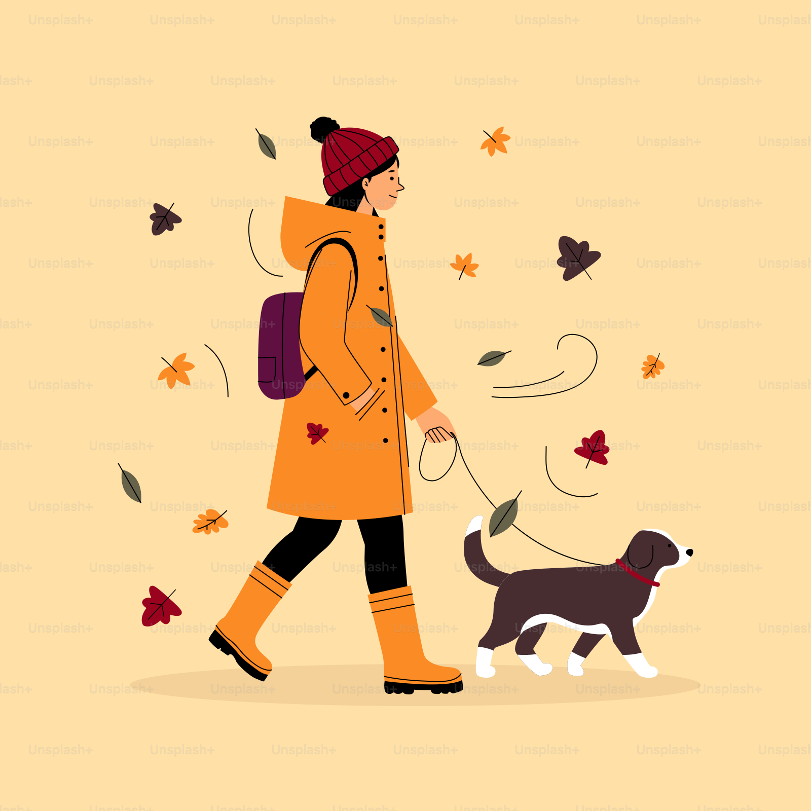 A woman walking a dog on a leash