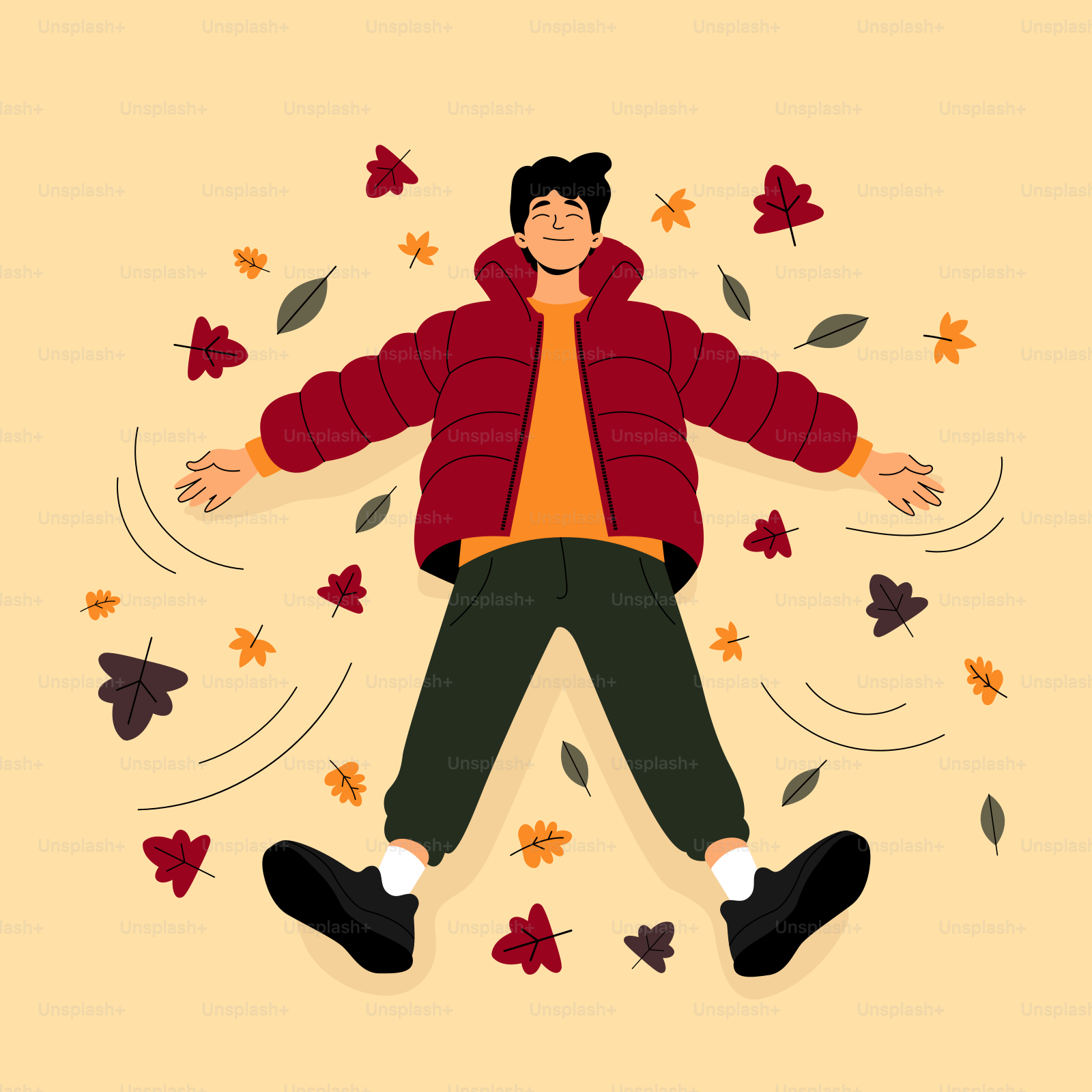 A man in a red jacket and black pants standing in a circle of leaves