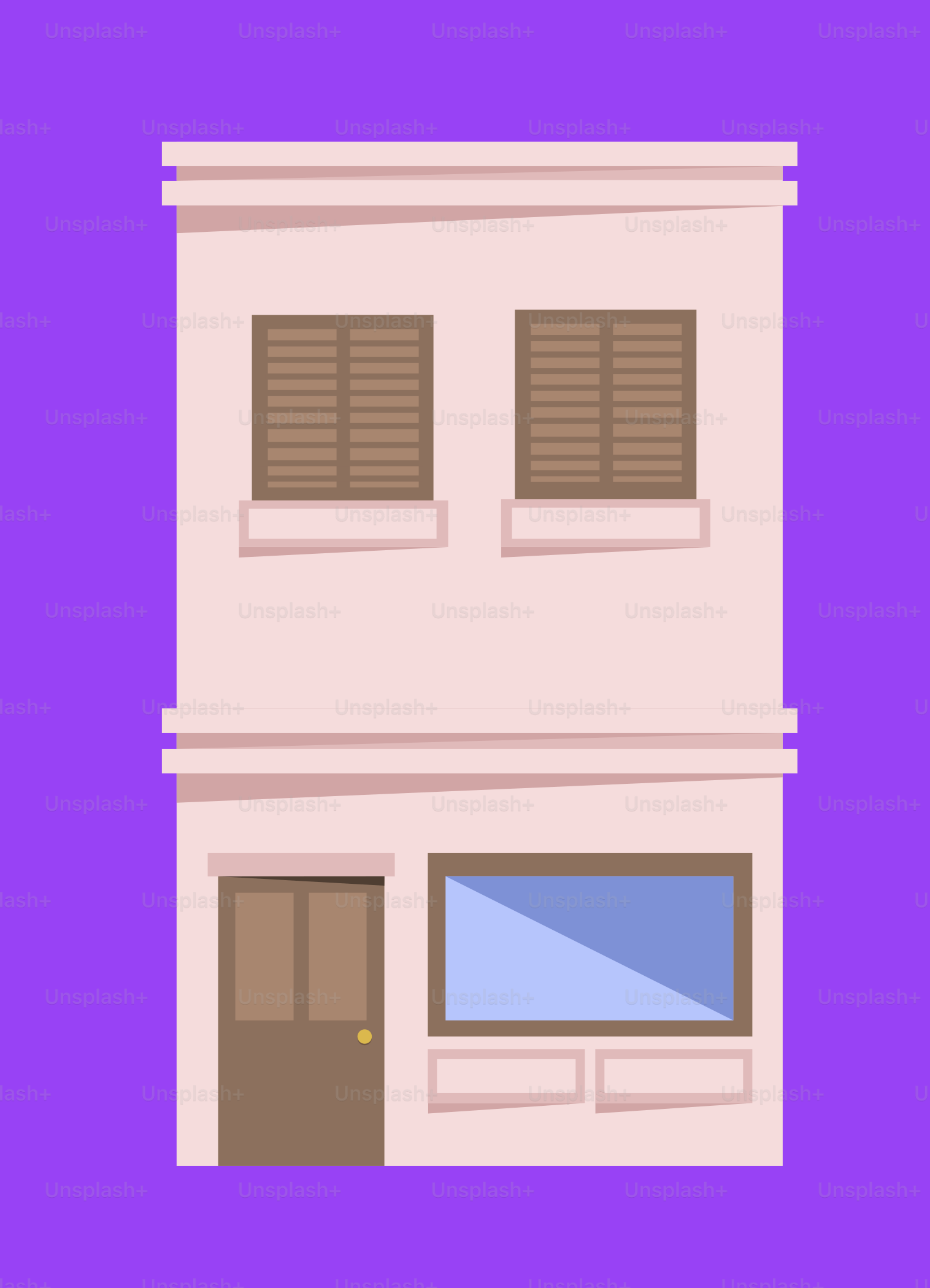 Un bâtiment avec des volets sur fond violet