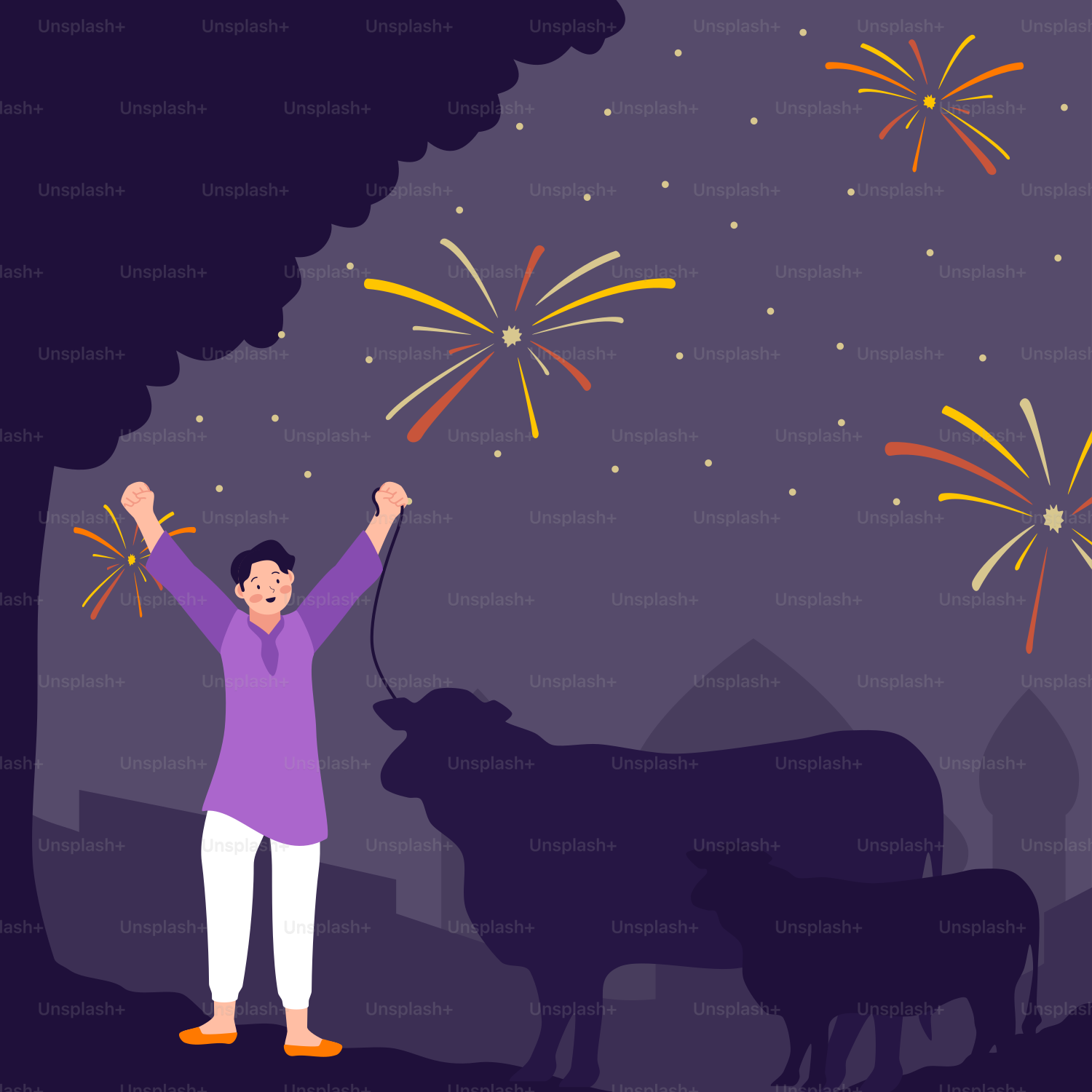 A person standing in front of a cow and fireworks