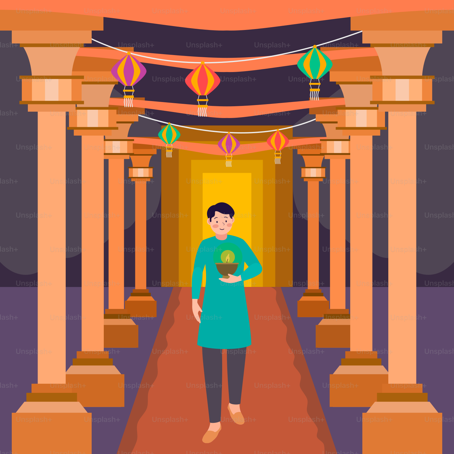 A person standing in a hallway with lanterns on the ceiling