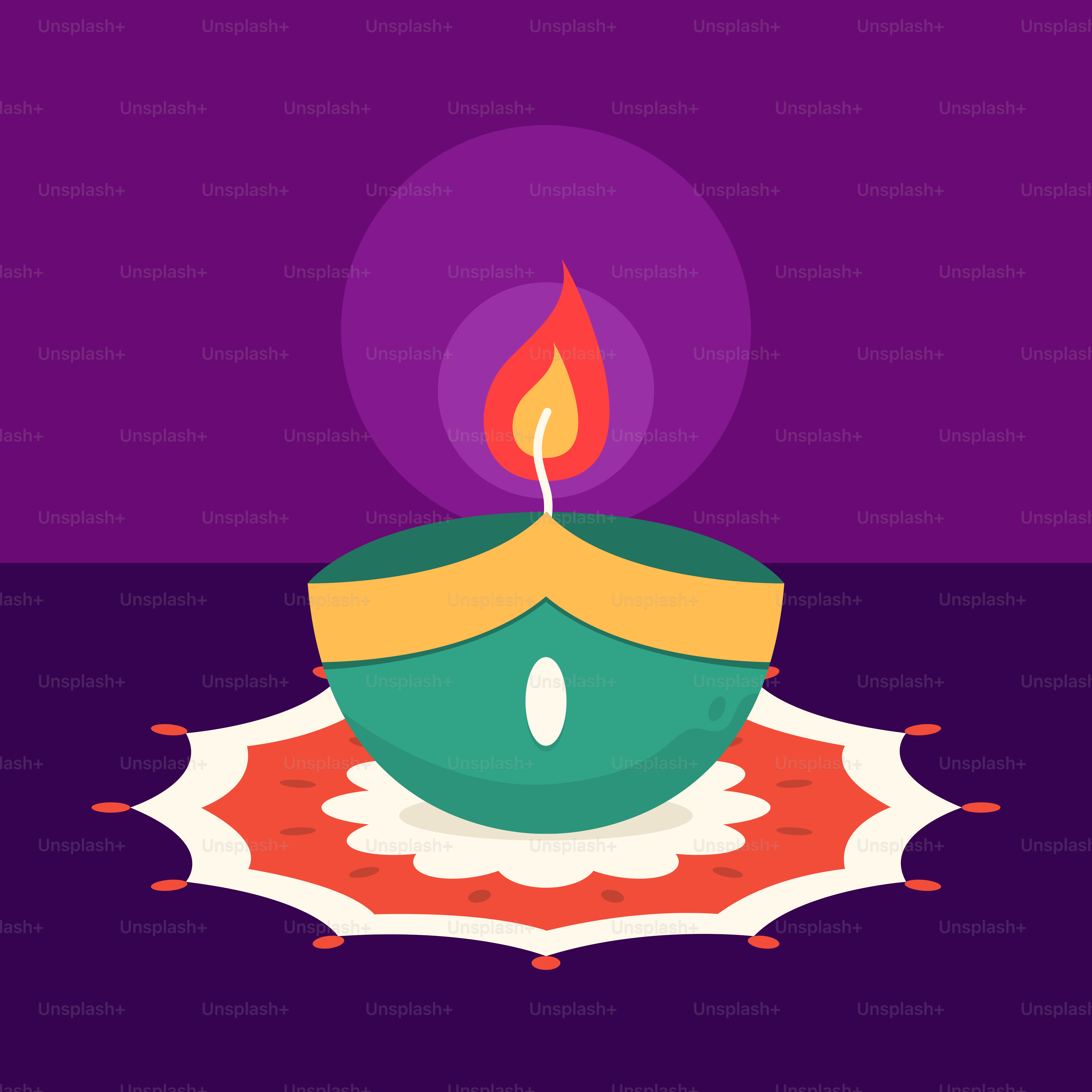 A colorful lit candle on a purple background