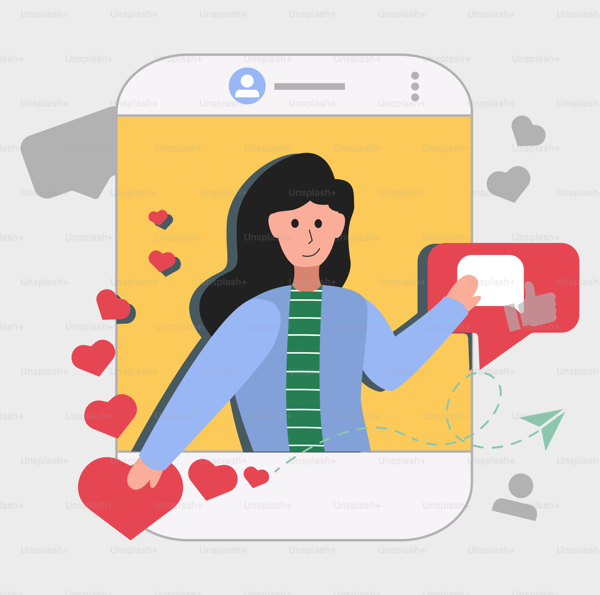 Eine Frau, die ein Smartphone mit Herzen um sich herum hält