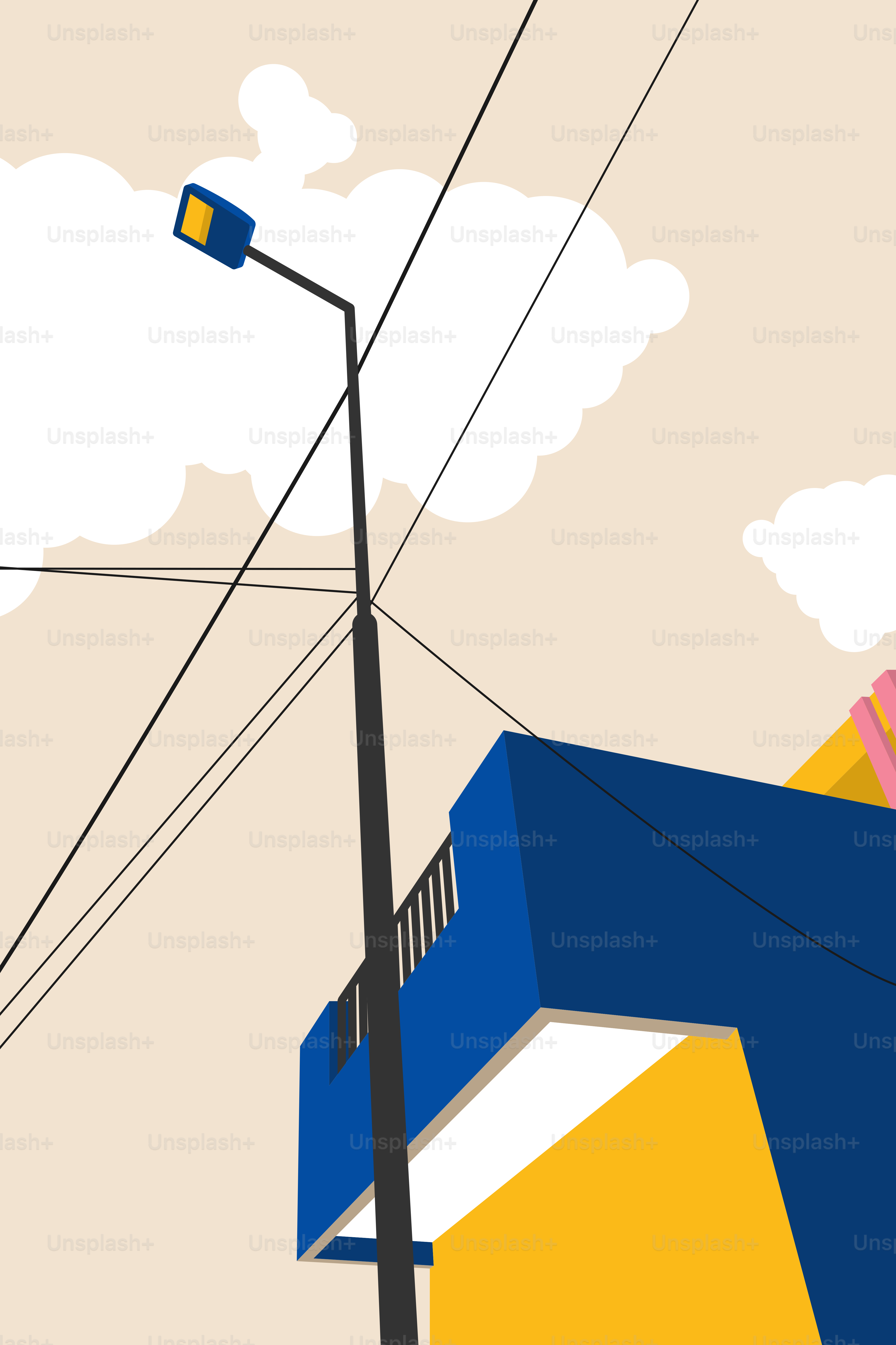 Un bâtiment bleu et jaune sous un ciel nuageux