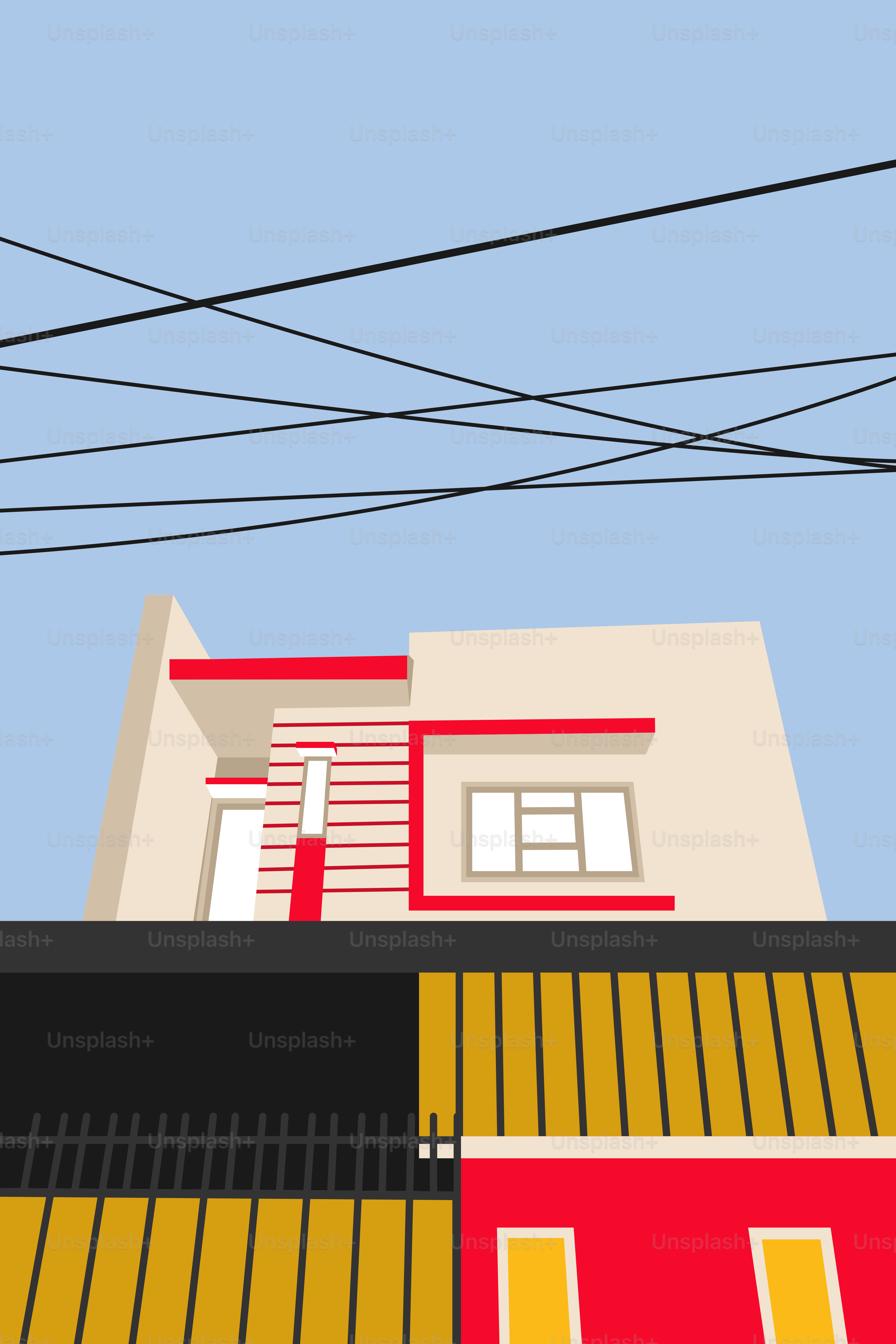 A drawing of a house with a red roof