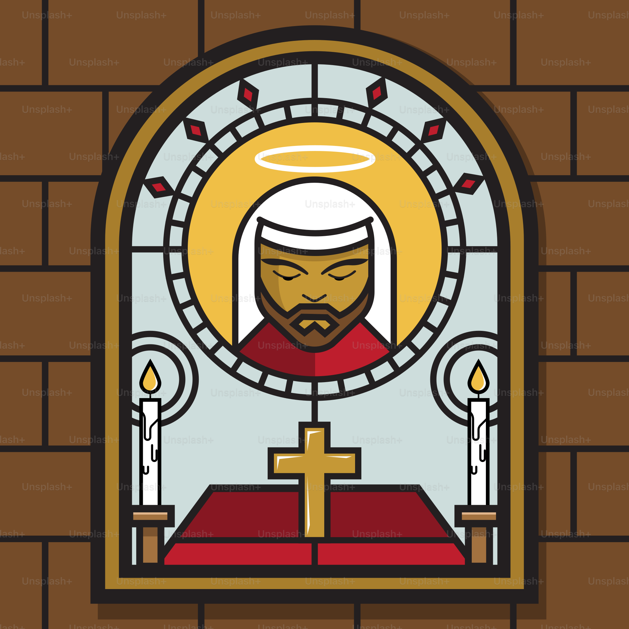 A stained glass window with a religious icon
