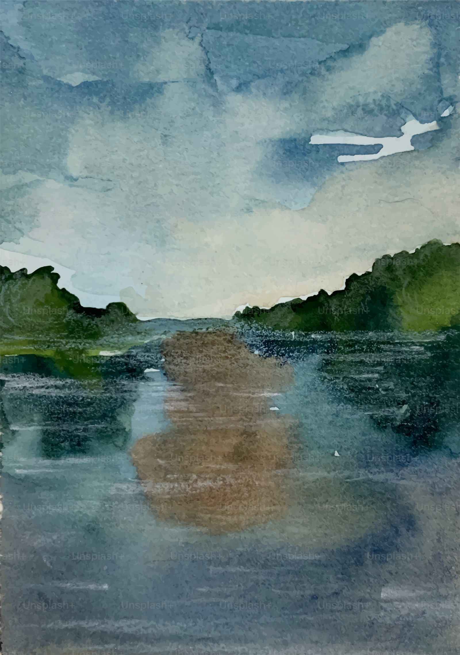 Una pintura de un cuerpo de agua con árboles al fondo