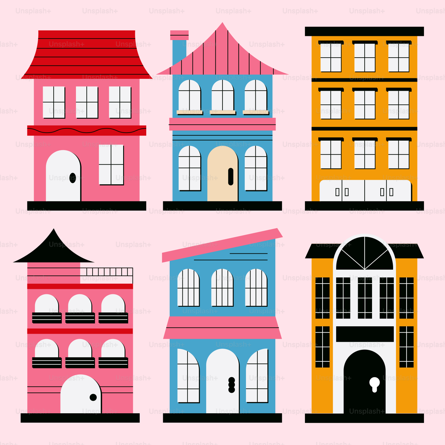 A pink background with a bunch of different colored buildings vector ...