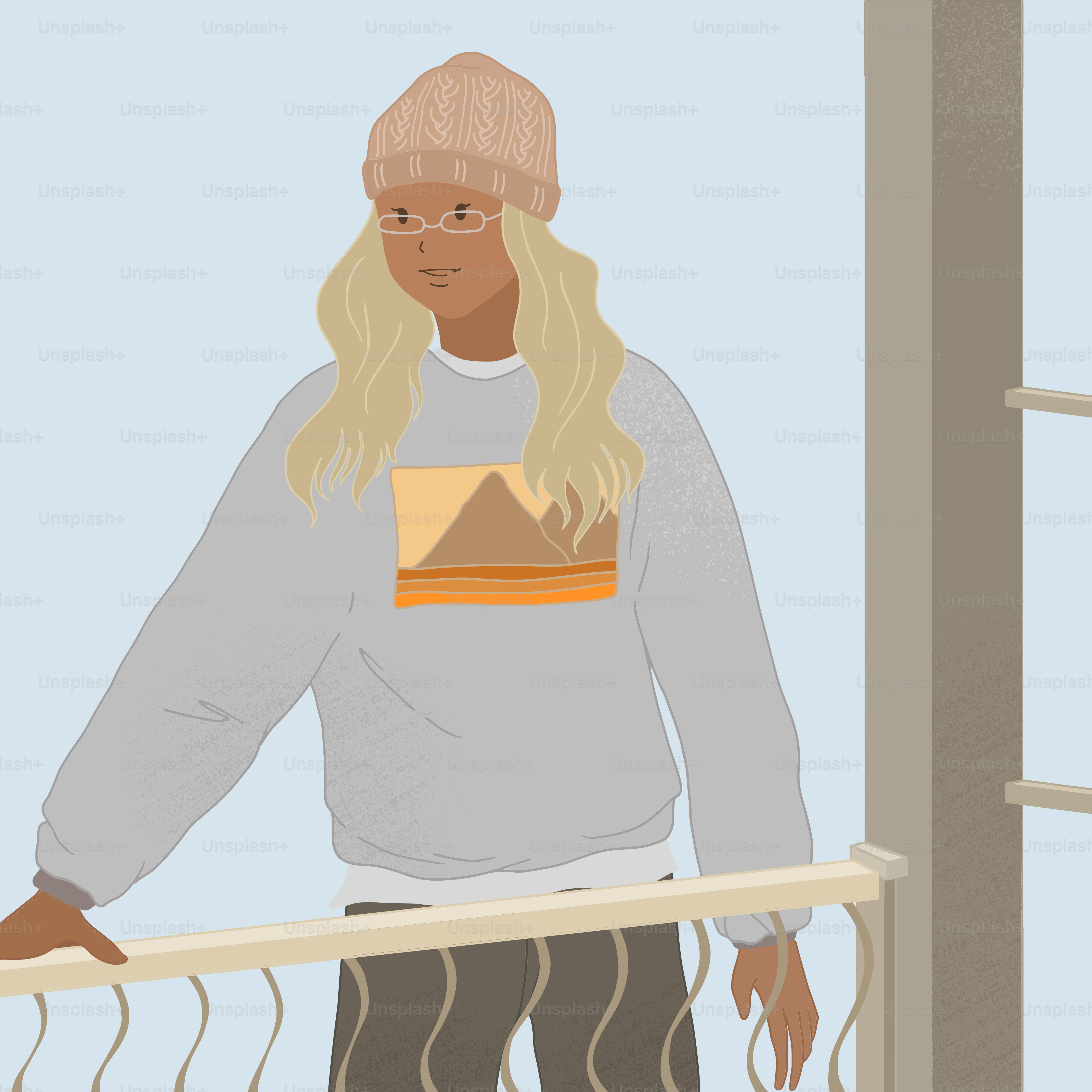 Eine Person, die auf einem Balkon mit einem Geländer steht