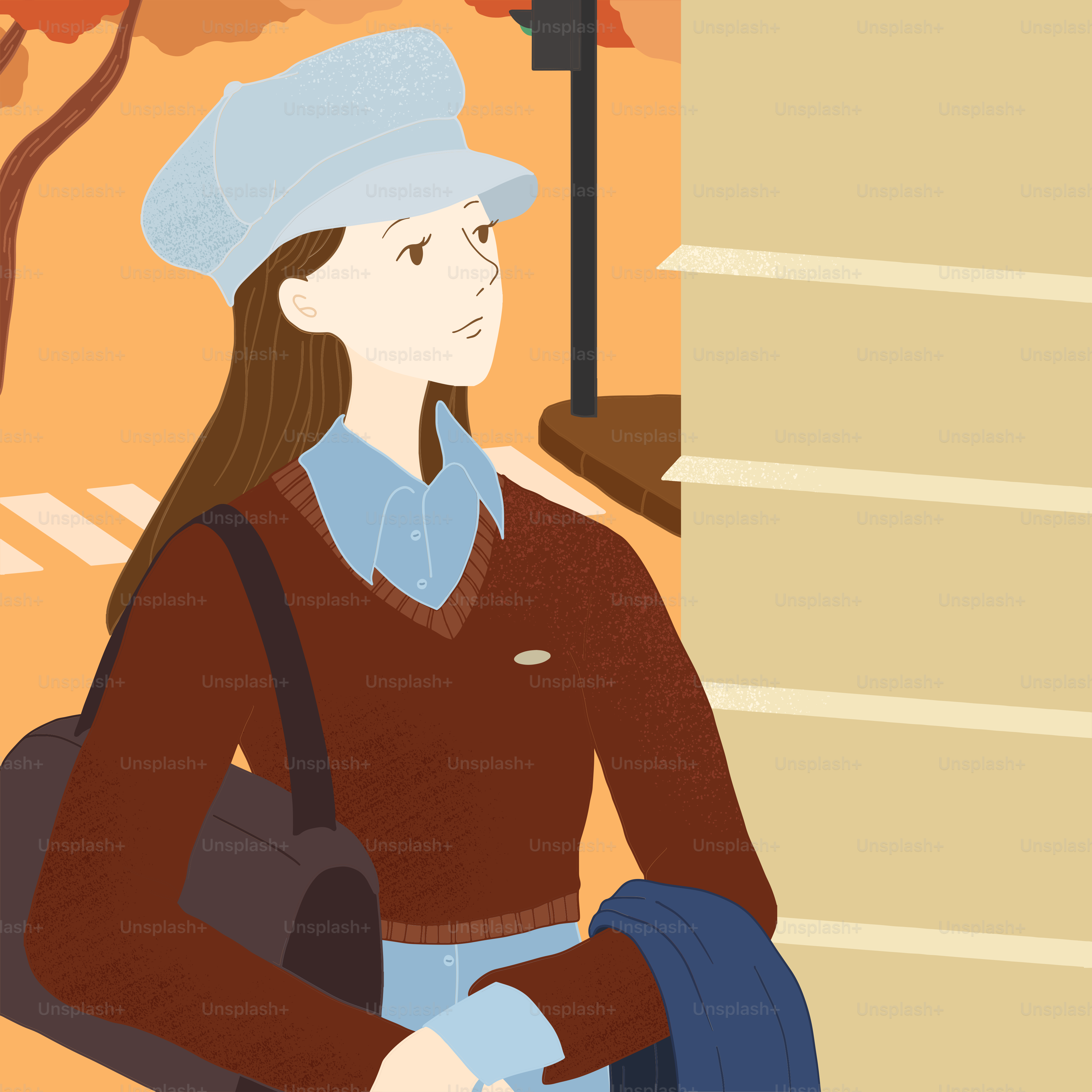 A woman with a blue hat is sitting down