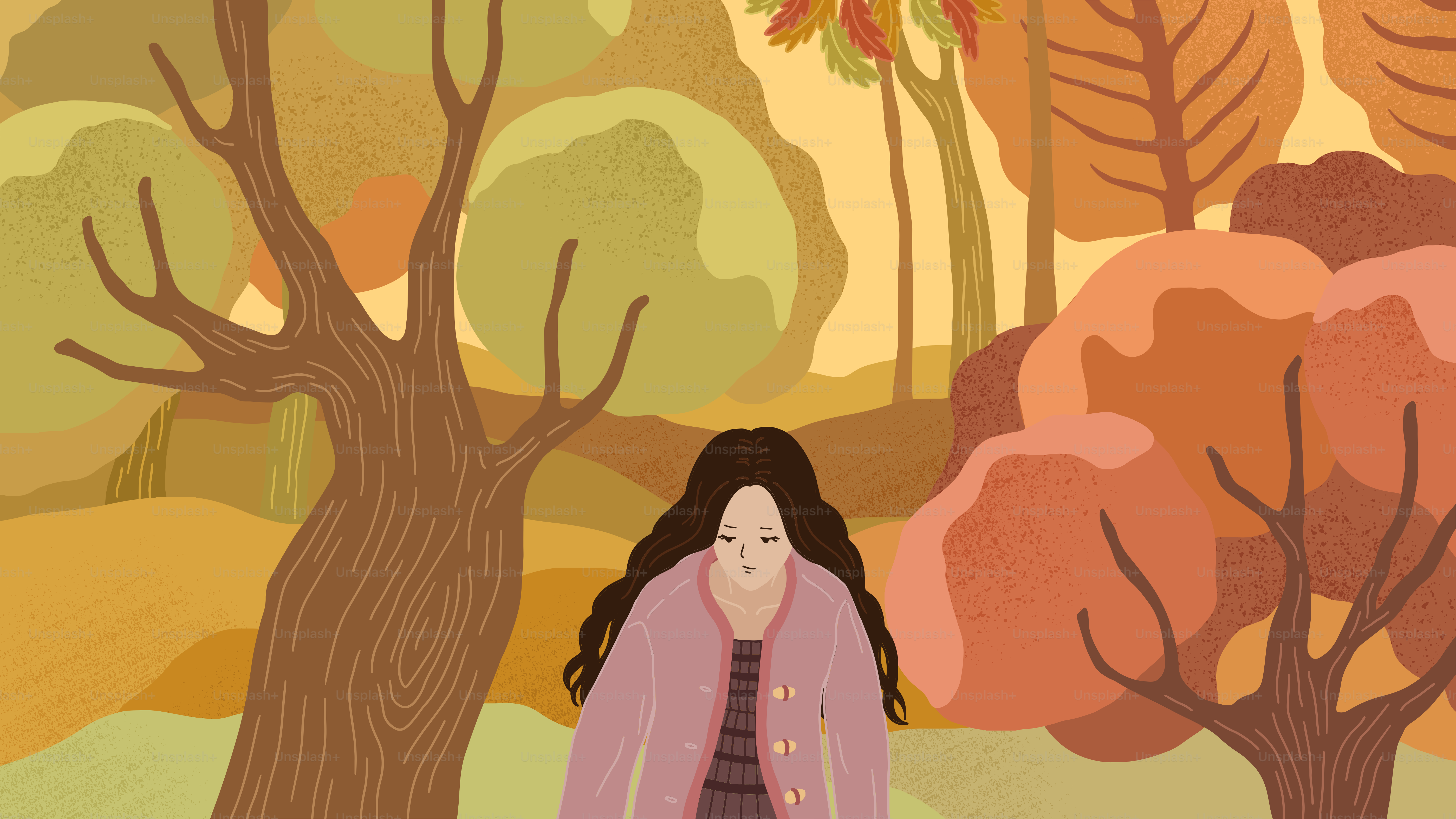 A painting of a woman walking through a forest
