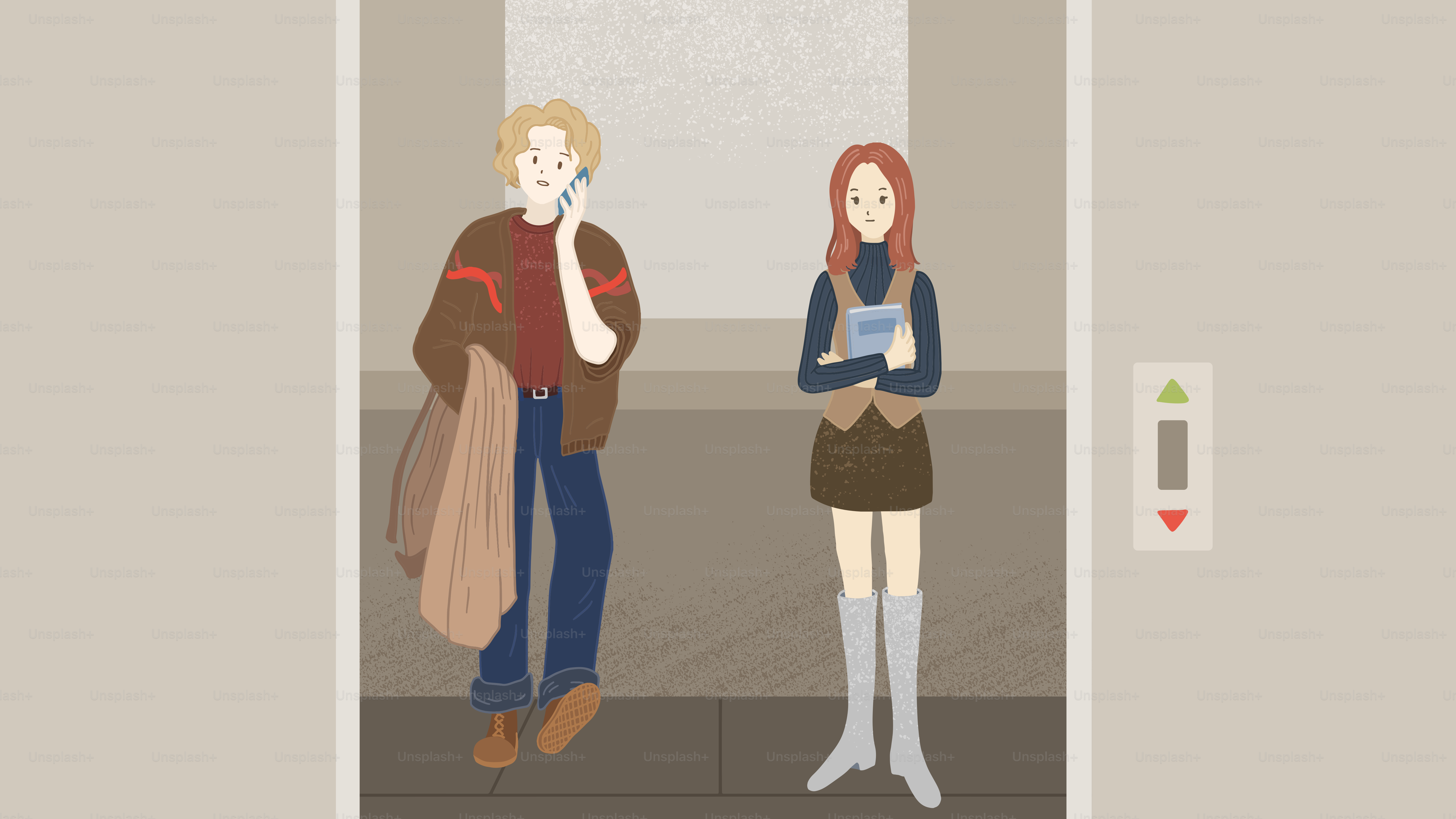 A man and a woman standing in an elevator