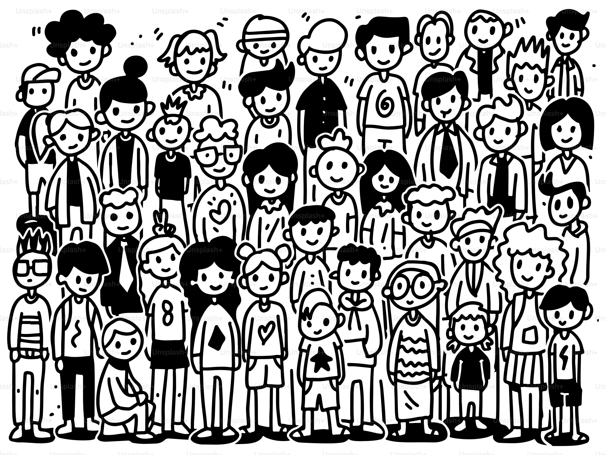 A black and white drawing of a group of people