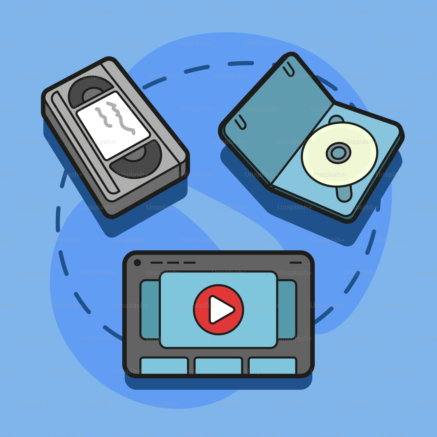 Três tipos diferentes de dispositivos eletrônicos sobre fundo azul