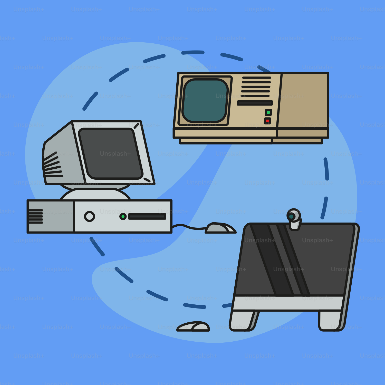 A blue background with three different types of computers