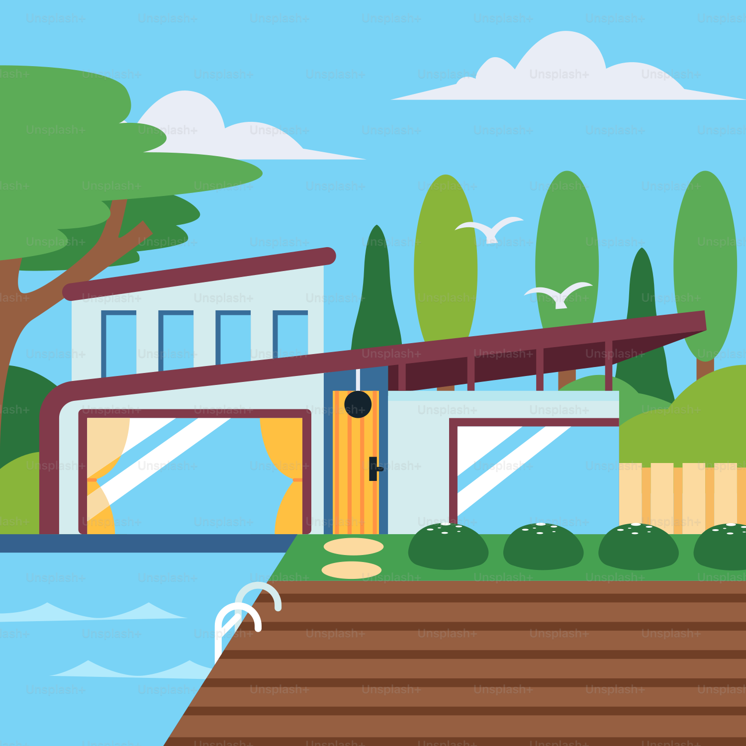 Un'illustrazione di una casa sull'acqua