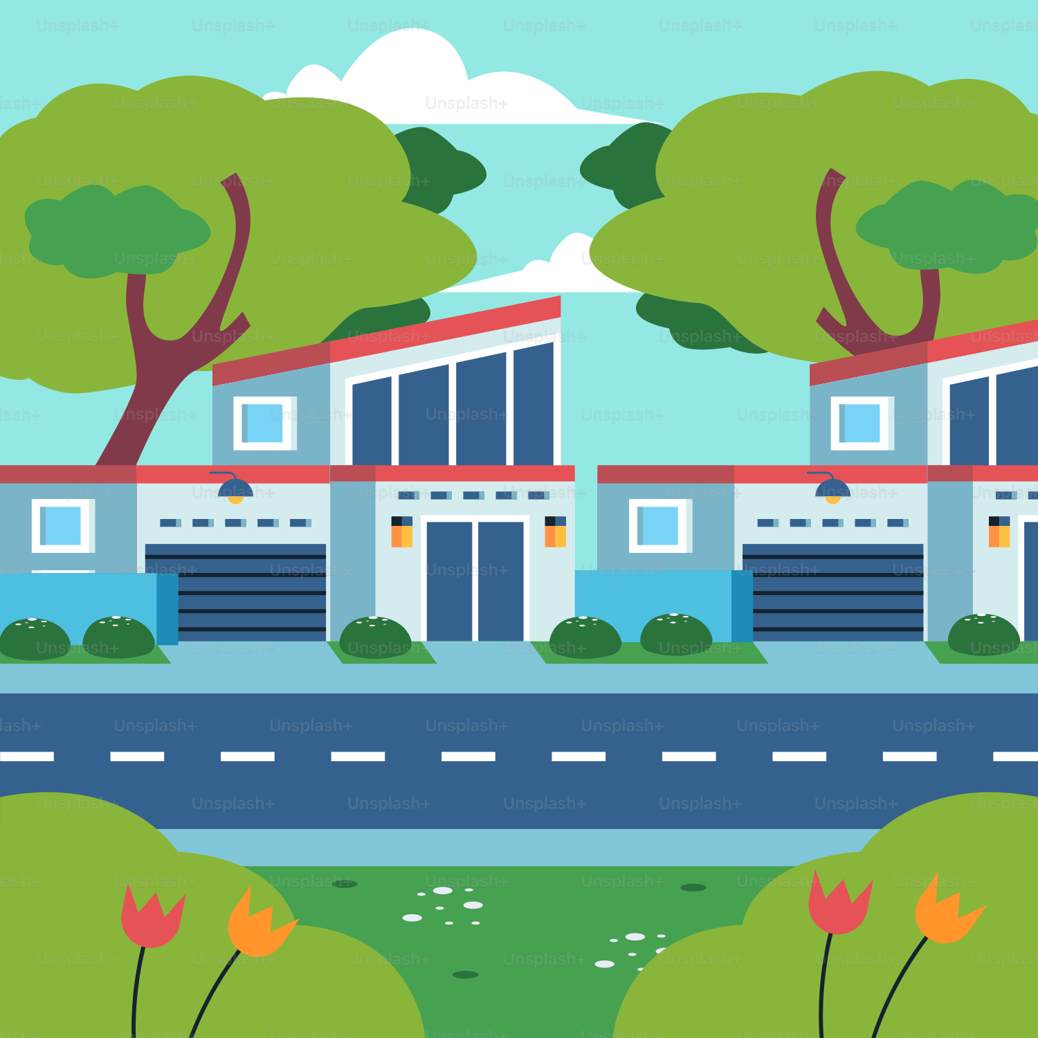 나무와 꽃이 앞에 있는 건물