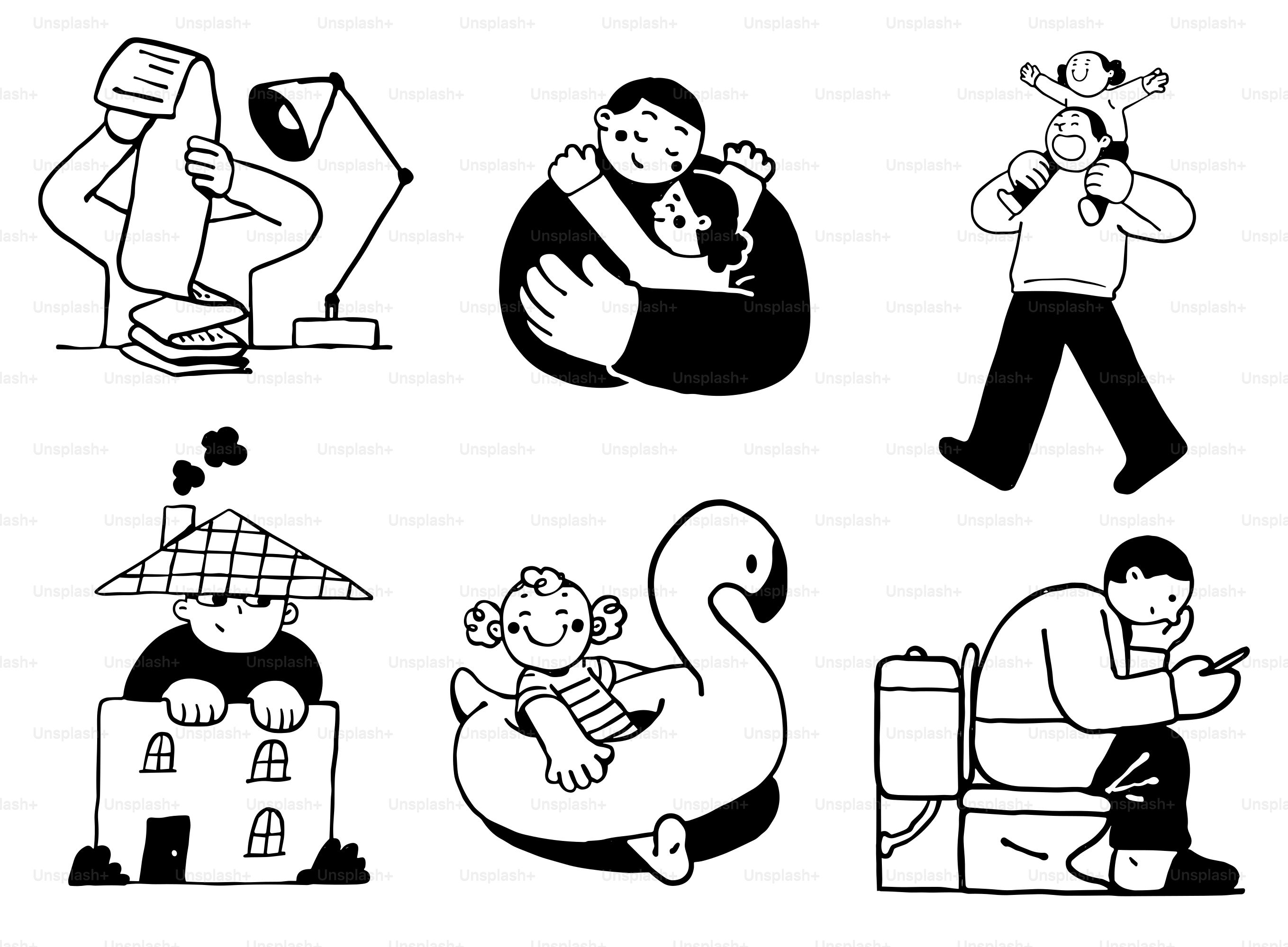 A black and white drawing of people and animals