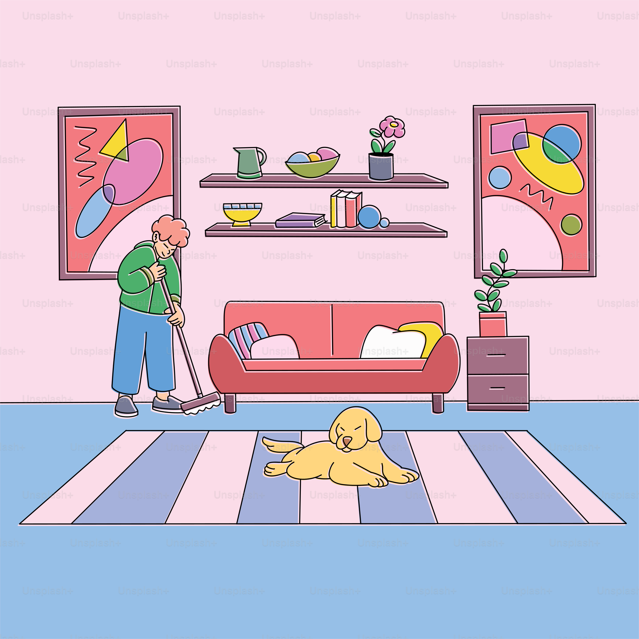 A man vacuuming a living room with a dog laying on the floor