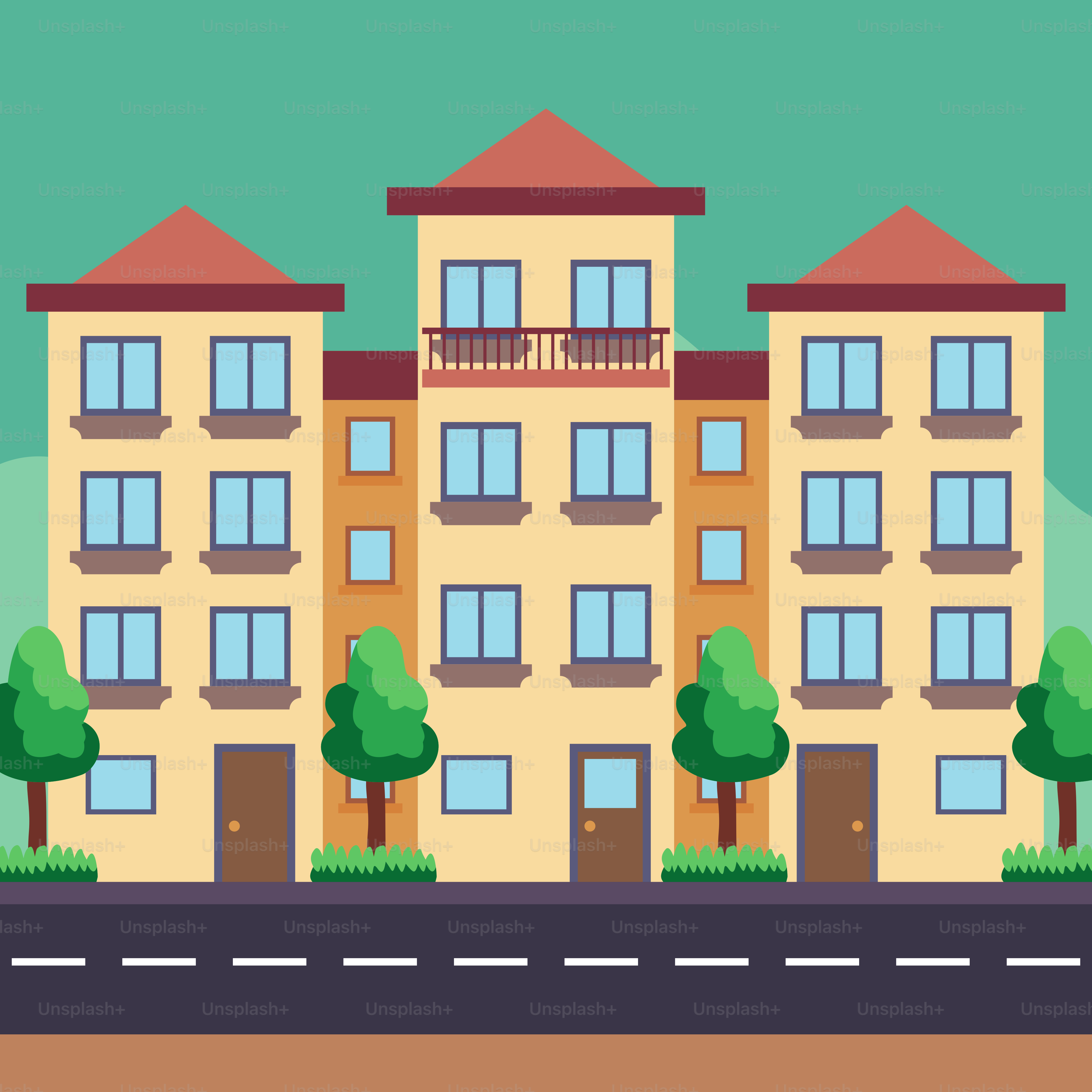 A building with trees and bushes on the side of the road