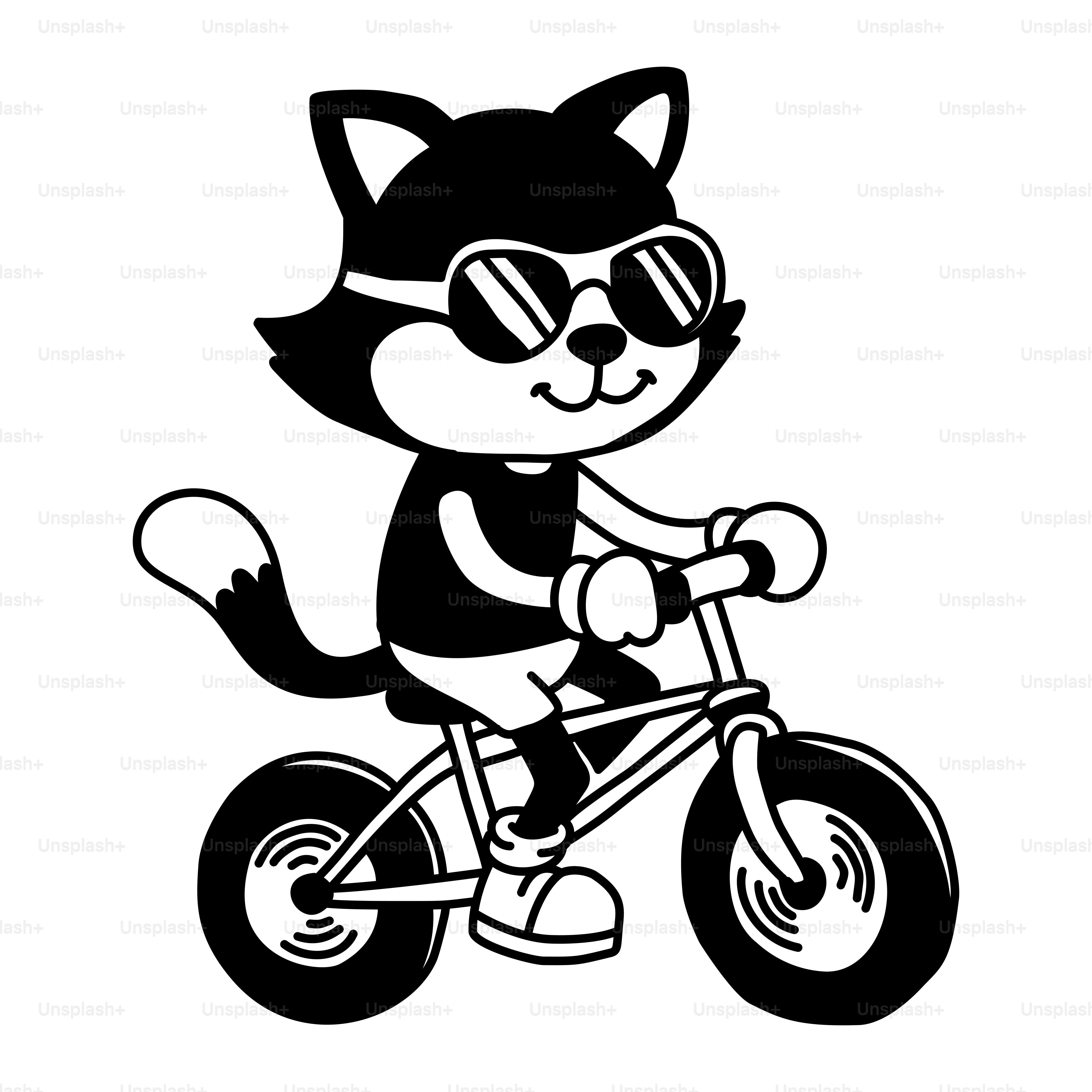 Uma imagem em preto e branco de um gato andando de bicicleta