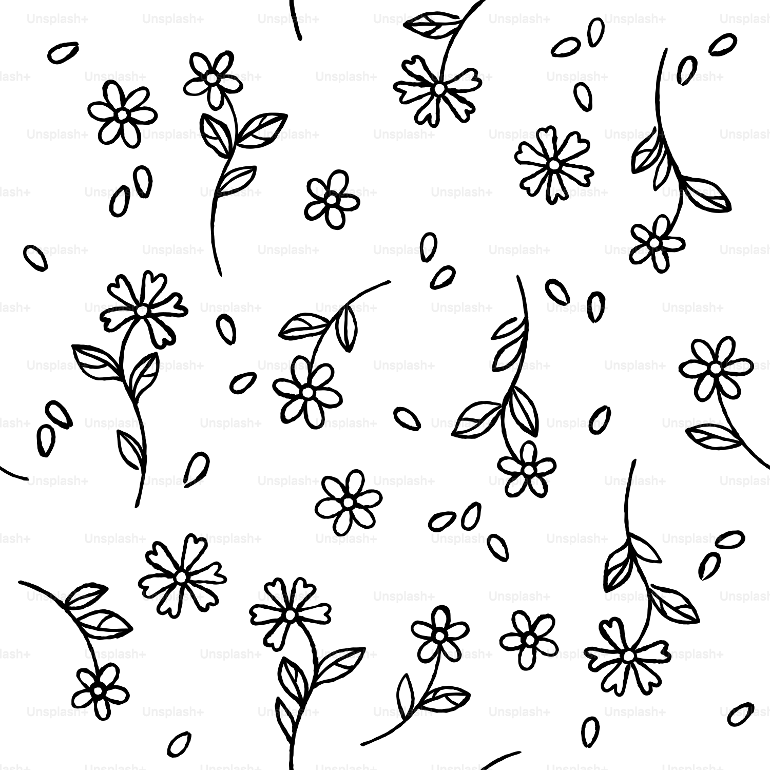 A black and white drawing of flowers and leaves