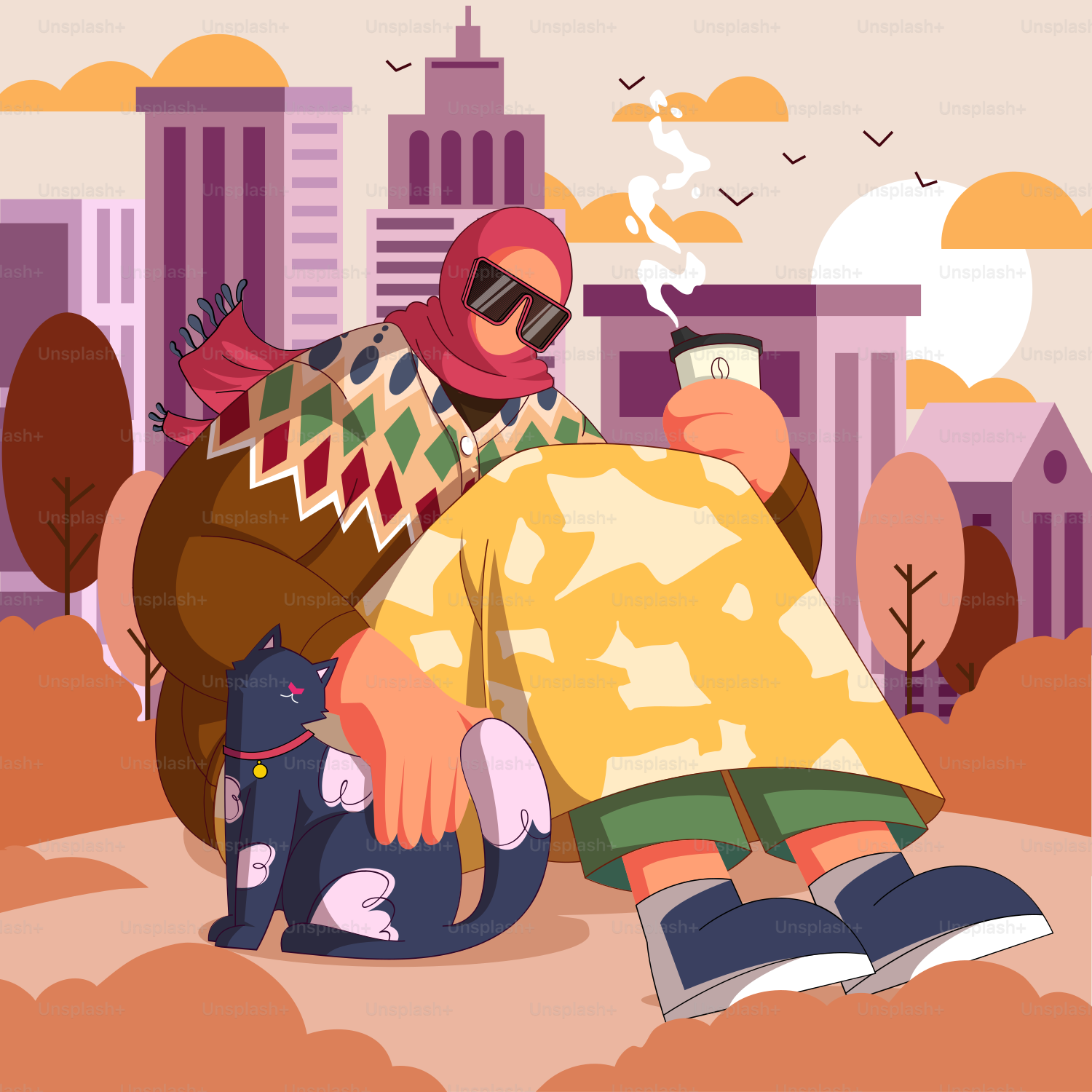 A man sitting on the ground next to a cat