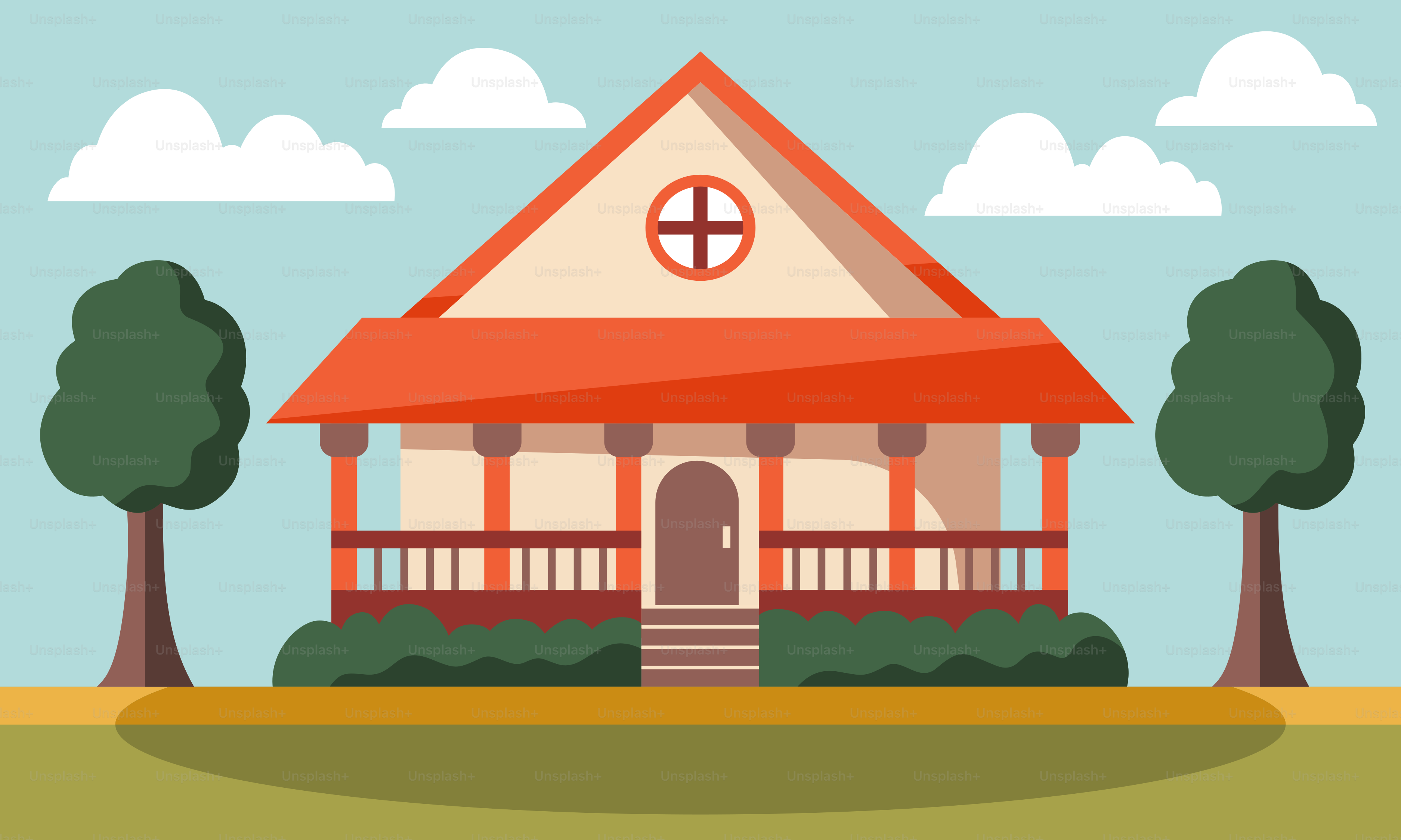 A red and white house with trees and clouds in the background